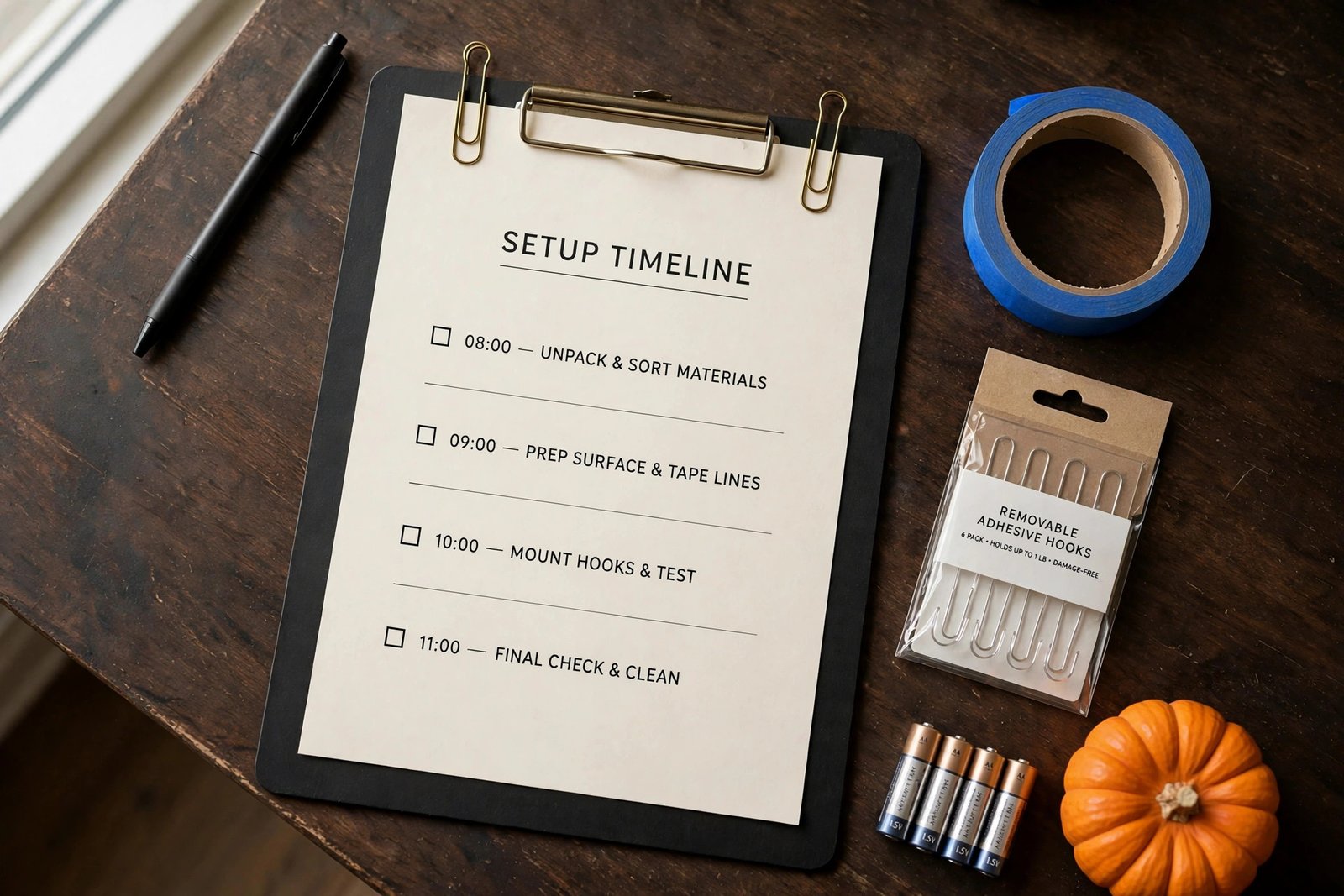 Flat lay of a Halloween party setup timeline with tape, hooks, and batteries