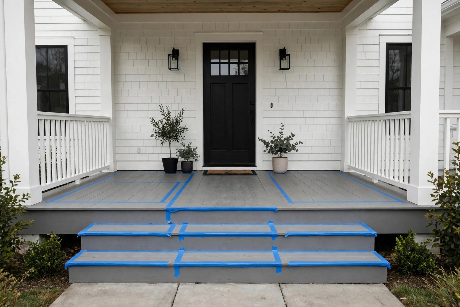Porch floor marked with blue painter's tape showing door, step, and railing decoration zones