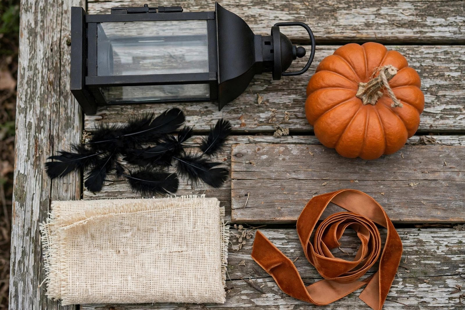 Flat lay of black and burnt orange Halloween decor swatches on wood