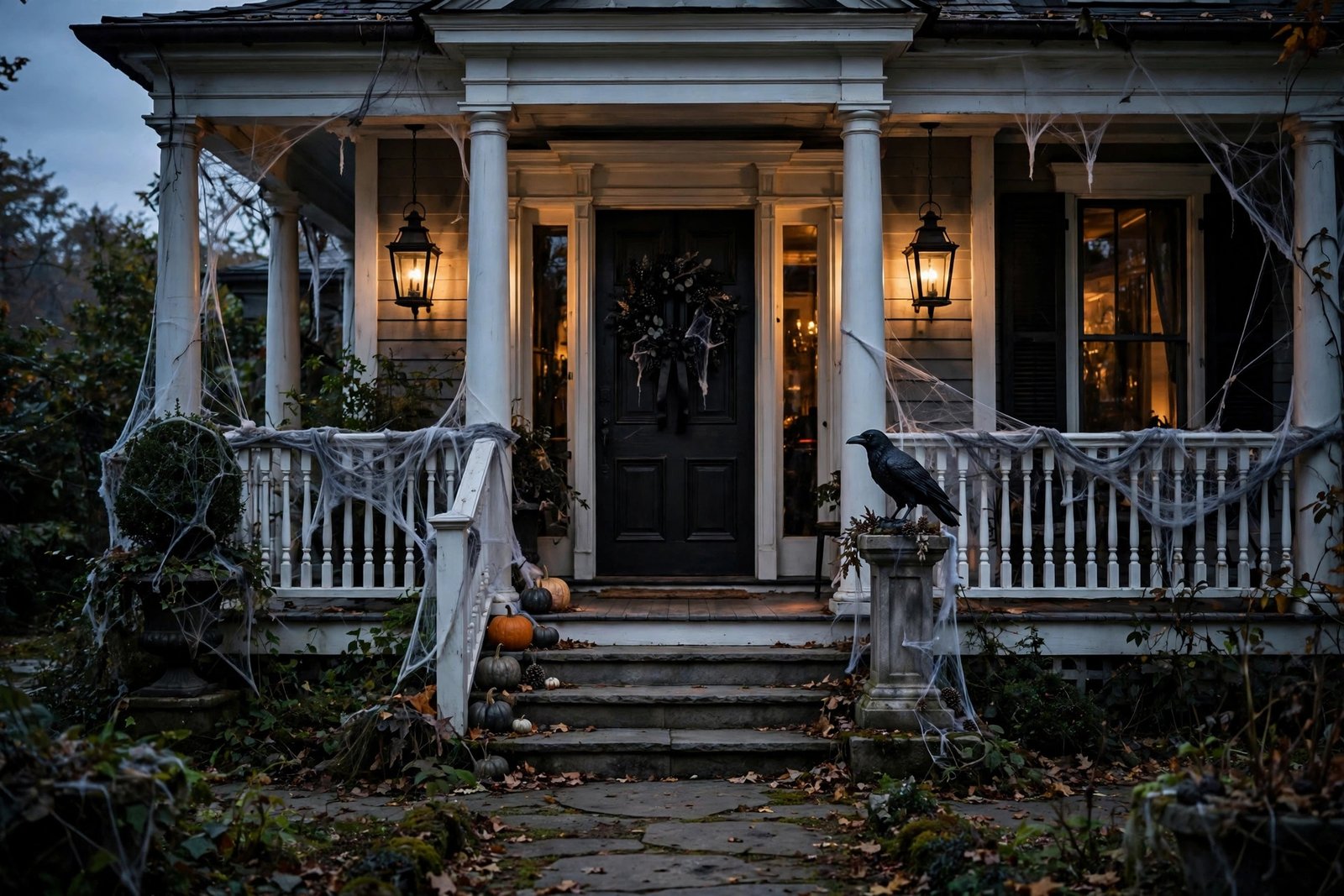 Haunted mansion themed porch with black lanterns and cobweb garland at dusk