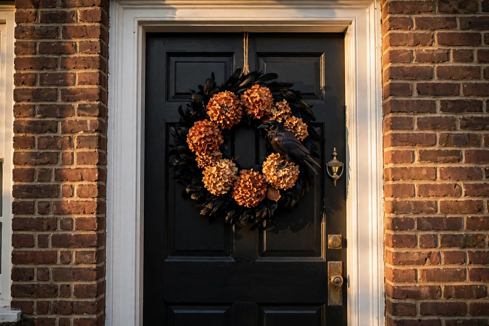 Oversized black feather Halloween wreath centered on a front door