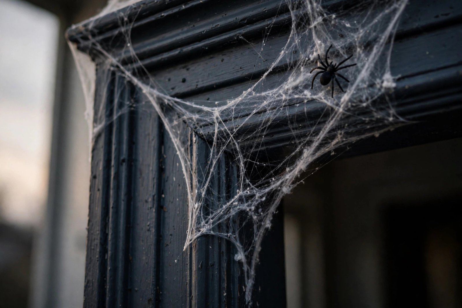 Cobweb draped across the upper corner of a front door frame with a black spider