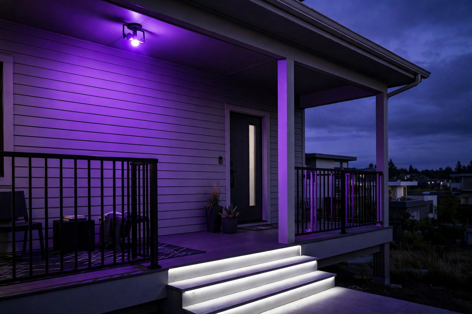 Porch lit by a purple LED bulb with a white-lit step below at dusk