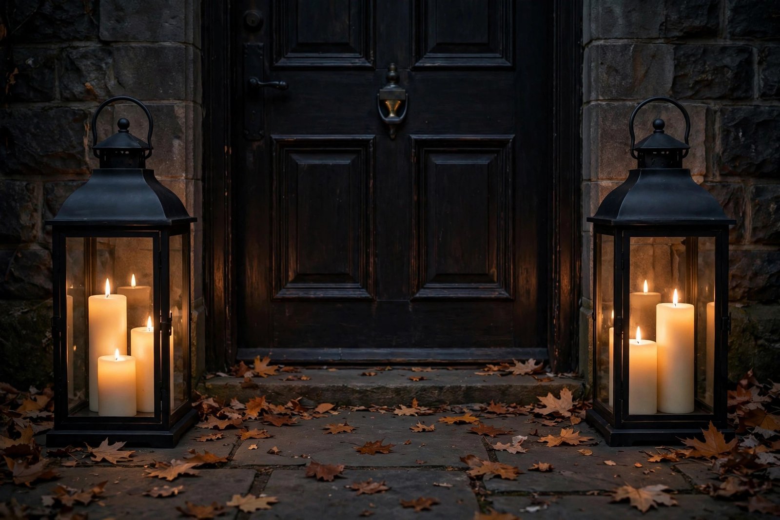 Black lanterns with flameless candles flanking a Halloween front door