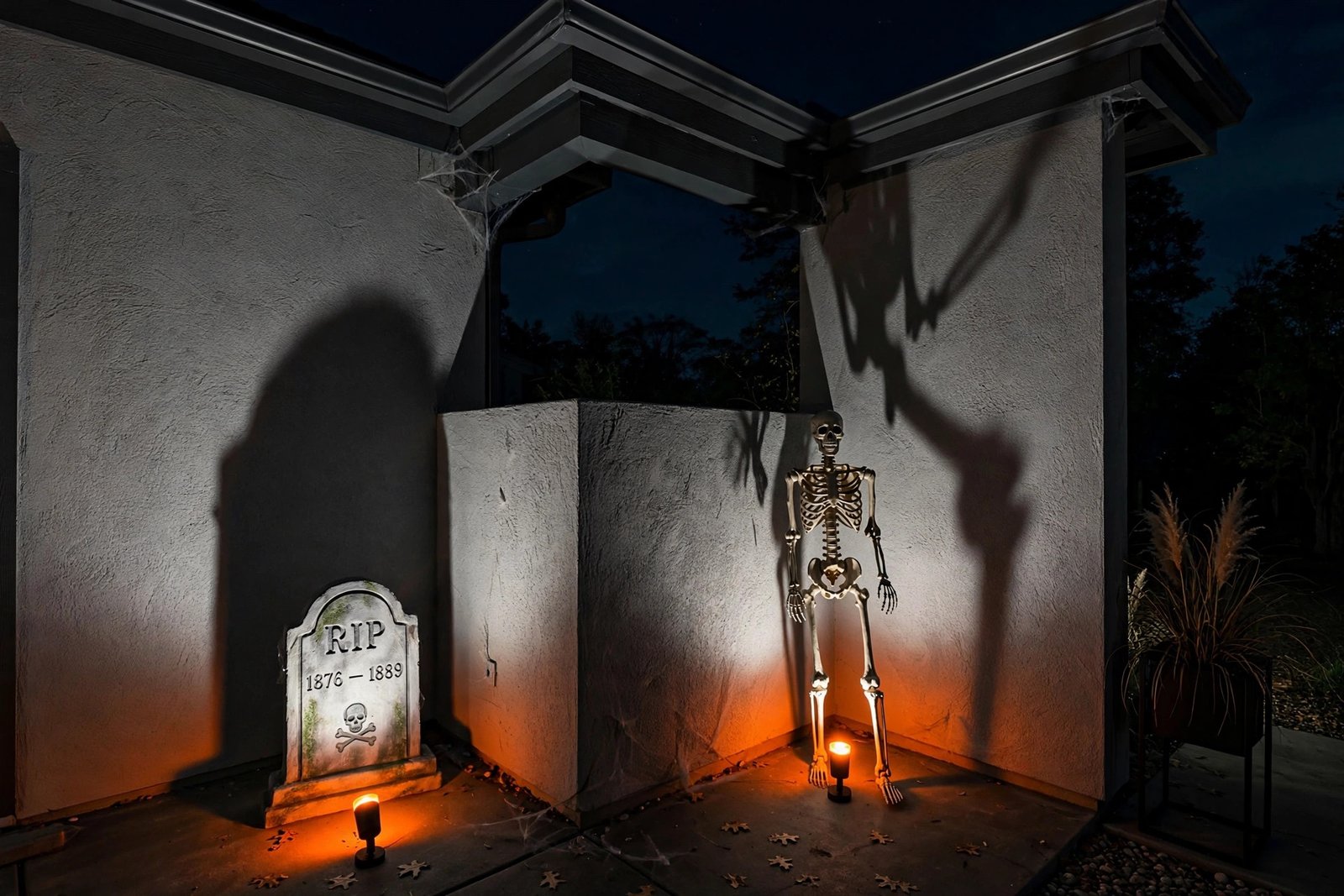 Ground spotlights casting long shadows from props onto a porch wall