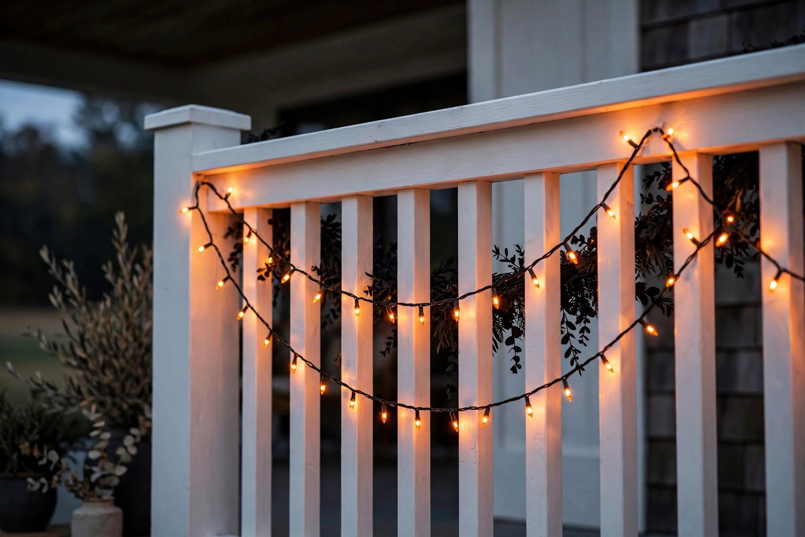 Orange string lights draped in swags along a white porch railing