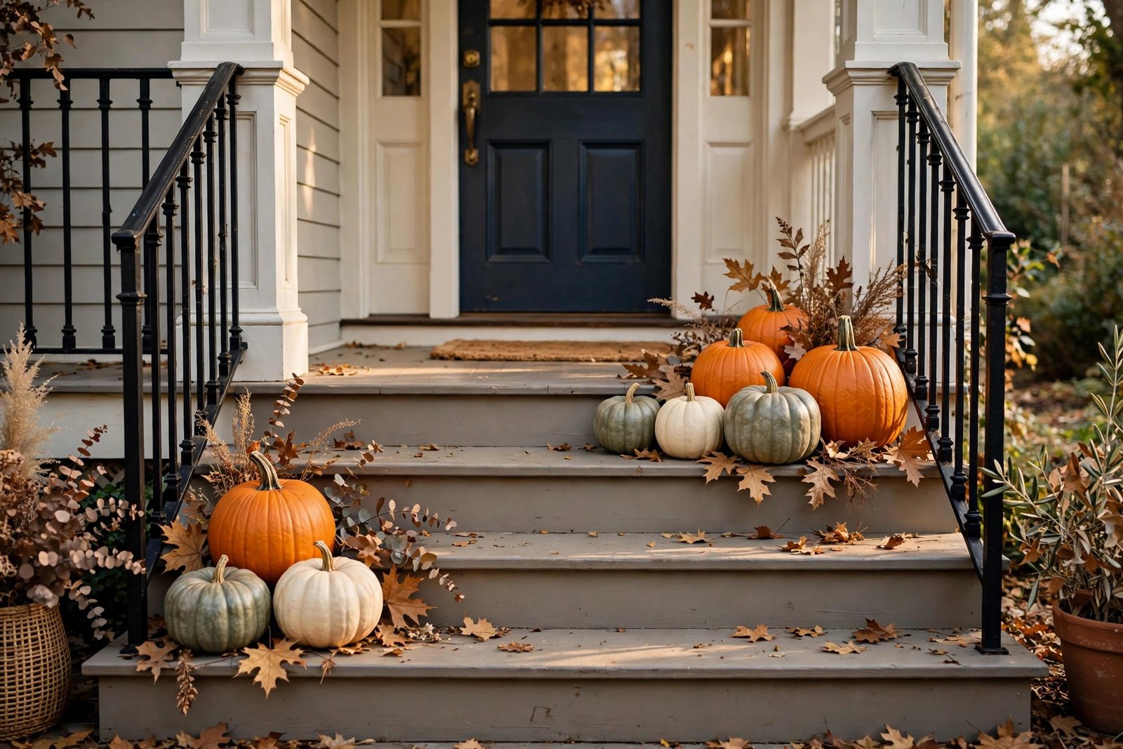 Odd-numbered groups of orange and cream pumpkins on porch steps