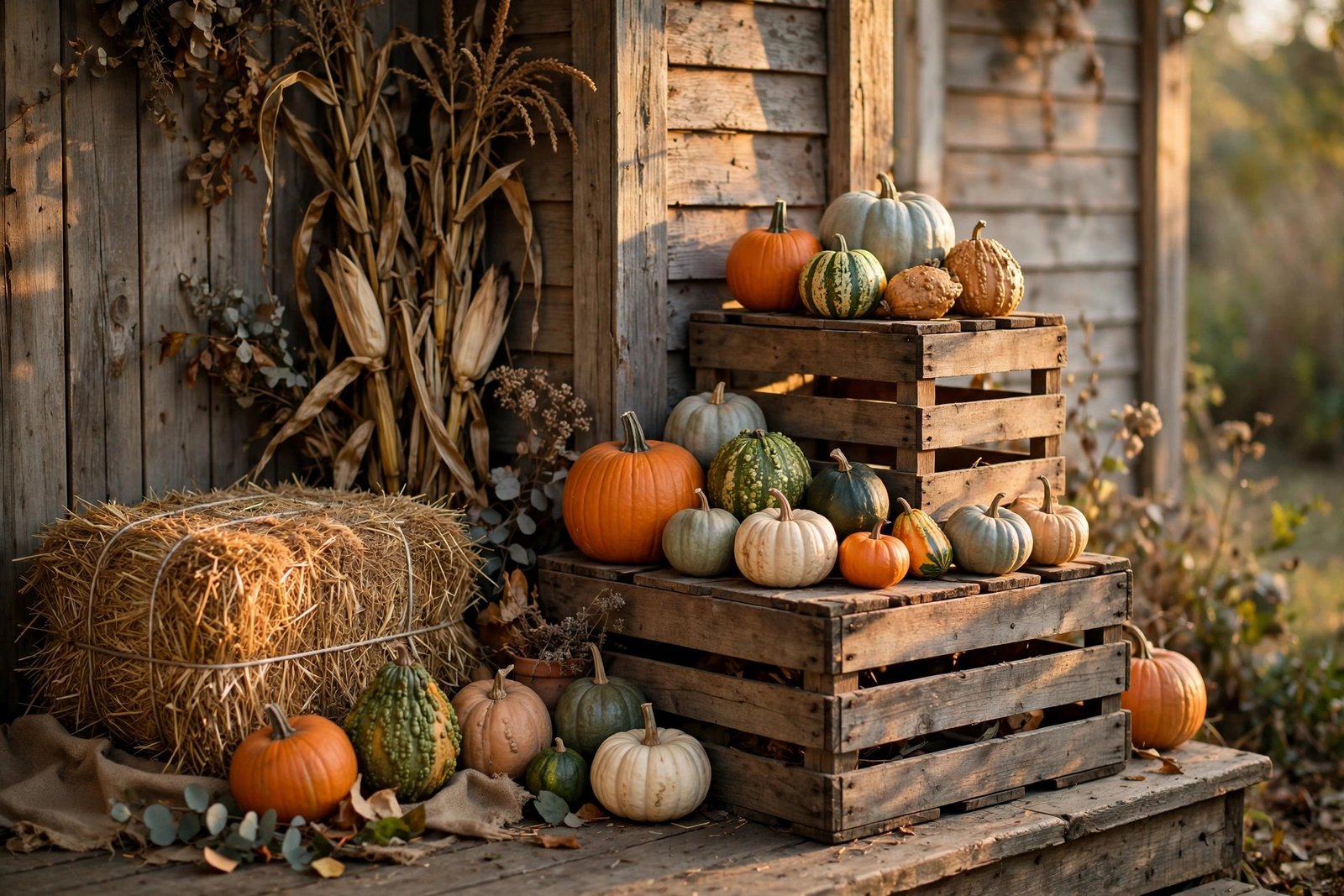 Pumpkins on stacked crates and a hay bale in a porch corner