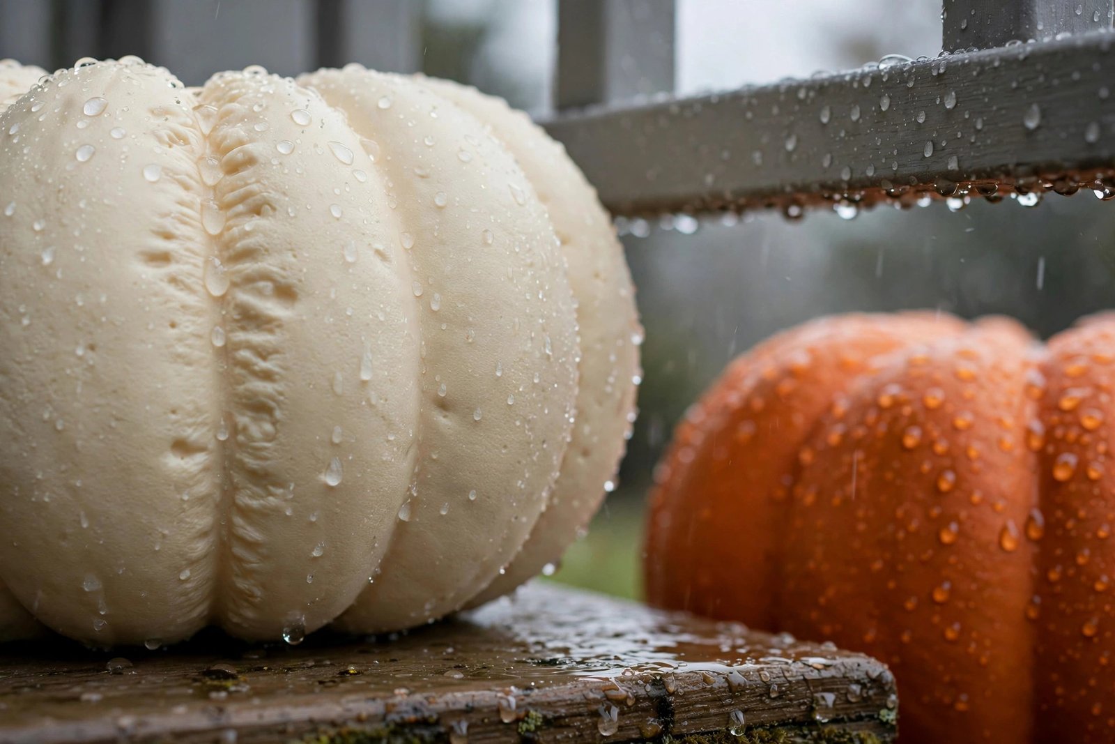 Matte resin pumpkins on a rain-damp porch step