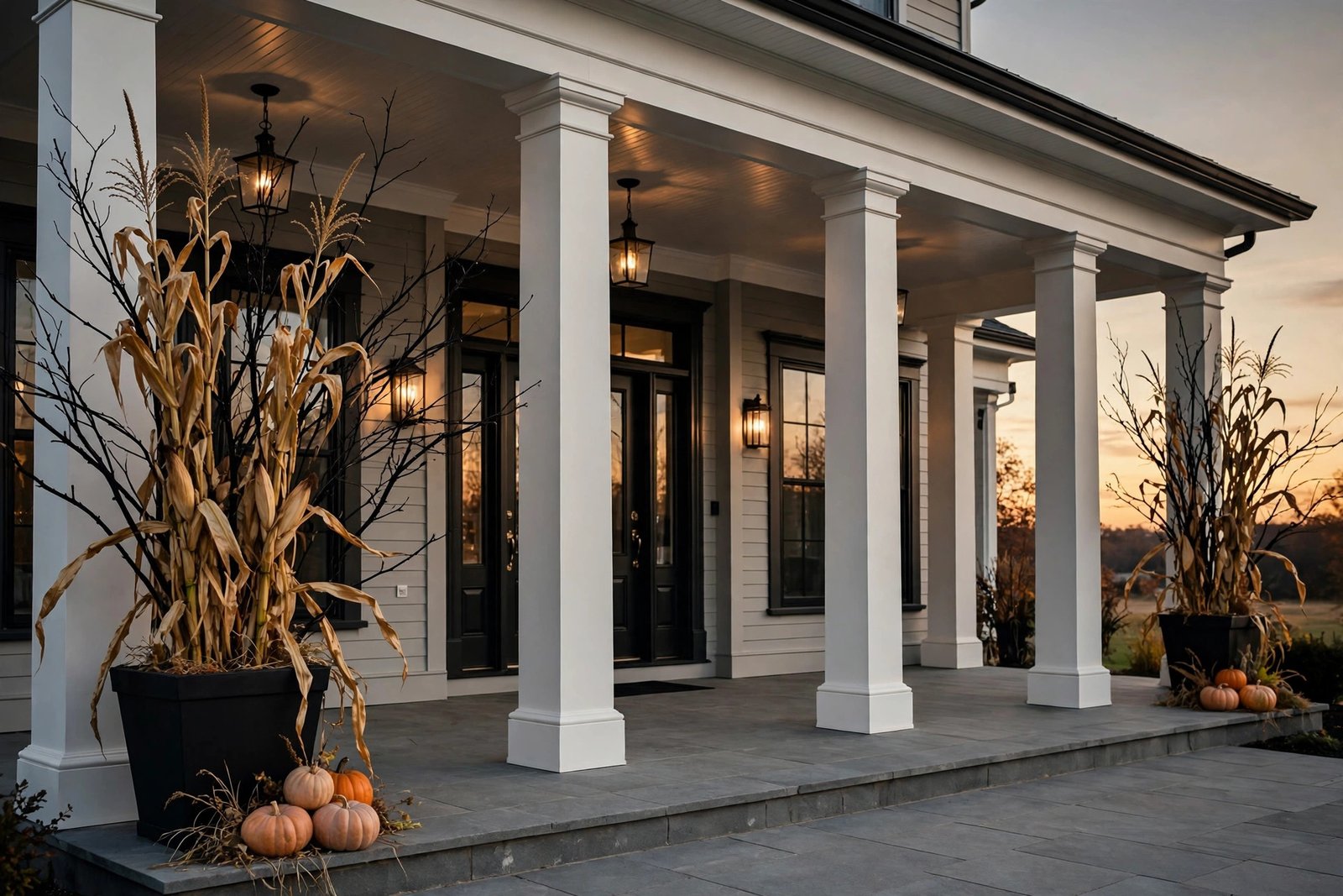 Black planters with tall dried stalks anchoring both porch corners