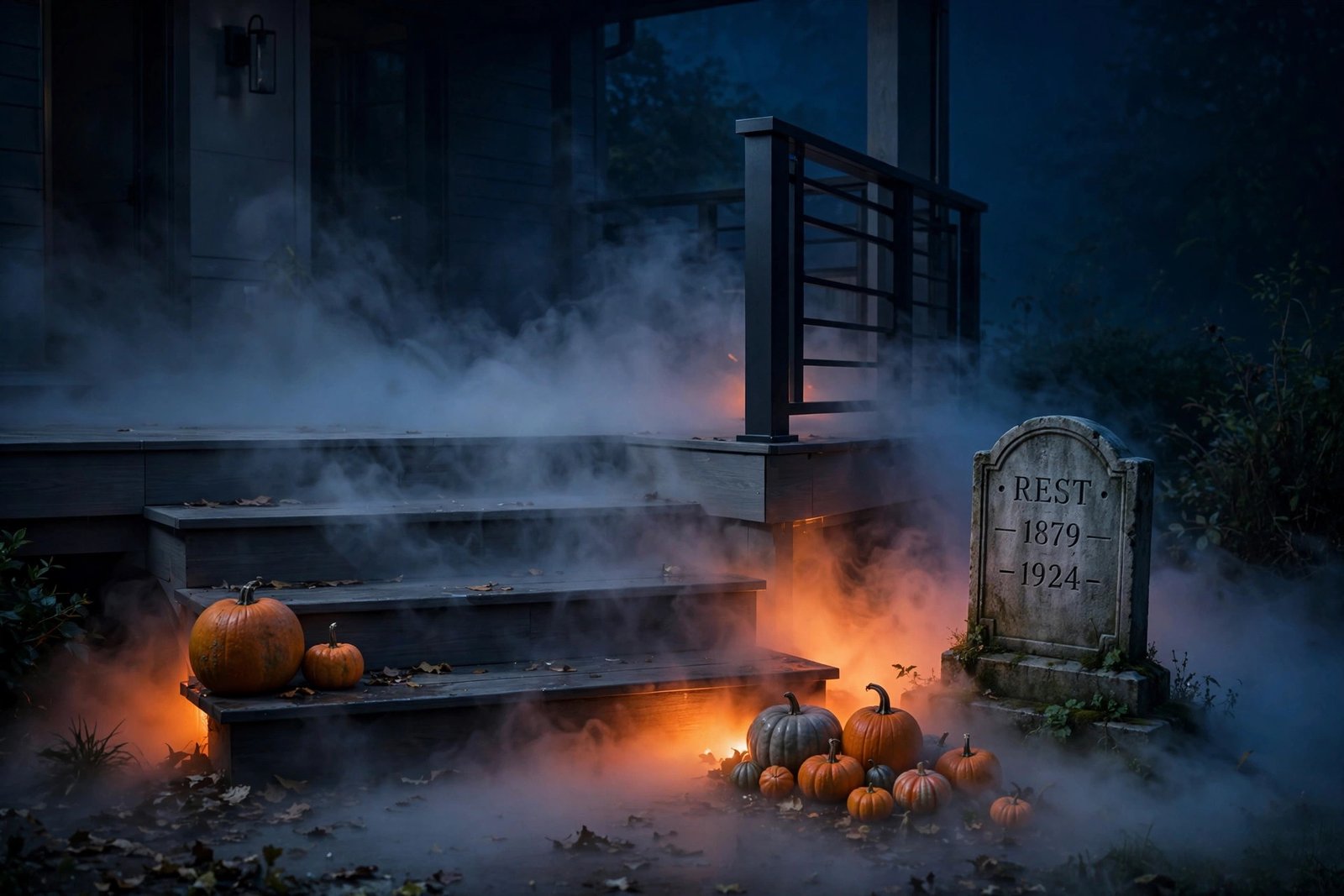 Low fog pooling around porch steps lit by orange uplights