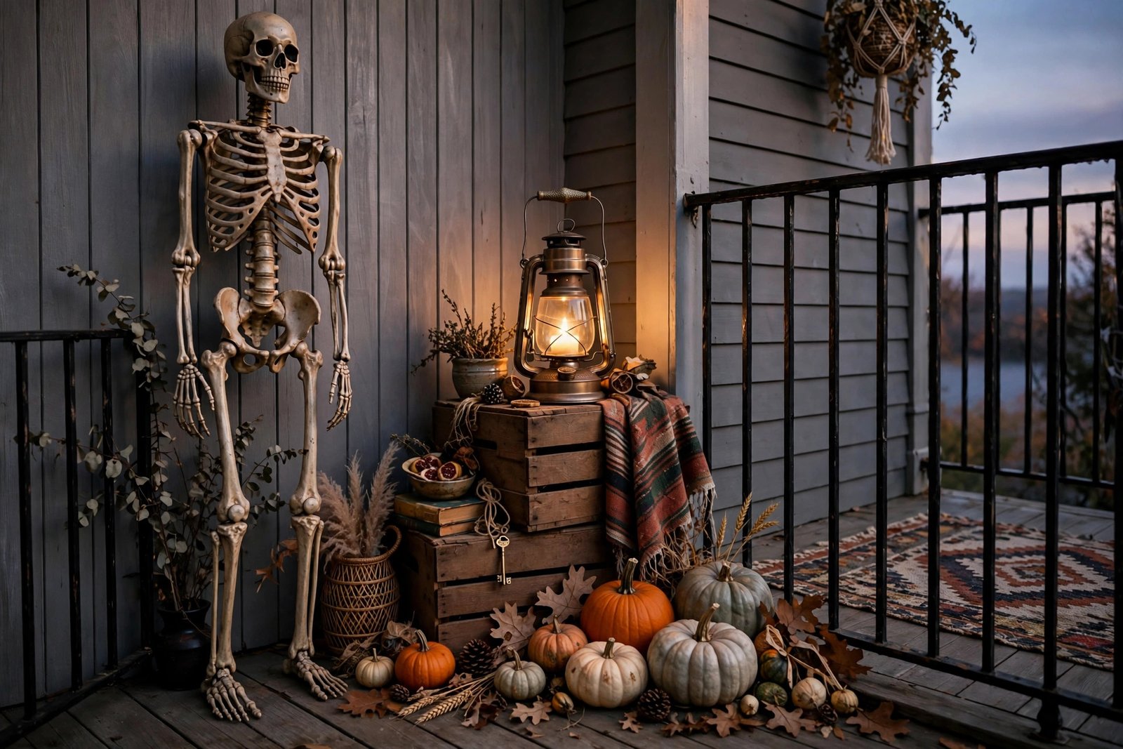 Porch corner with tall, mid, and low Halloween props in a triangle