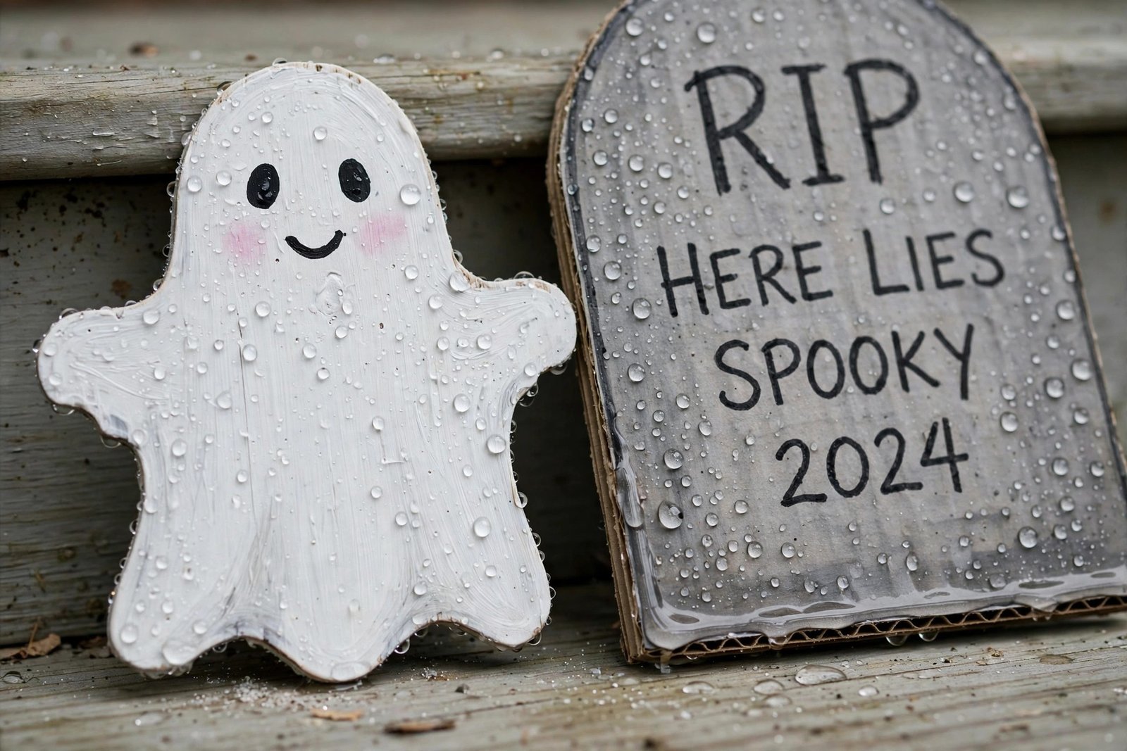 Sealed wooden ghost cutout with water beading on the surface