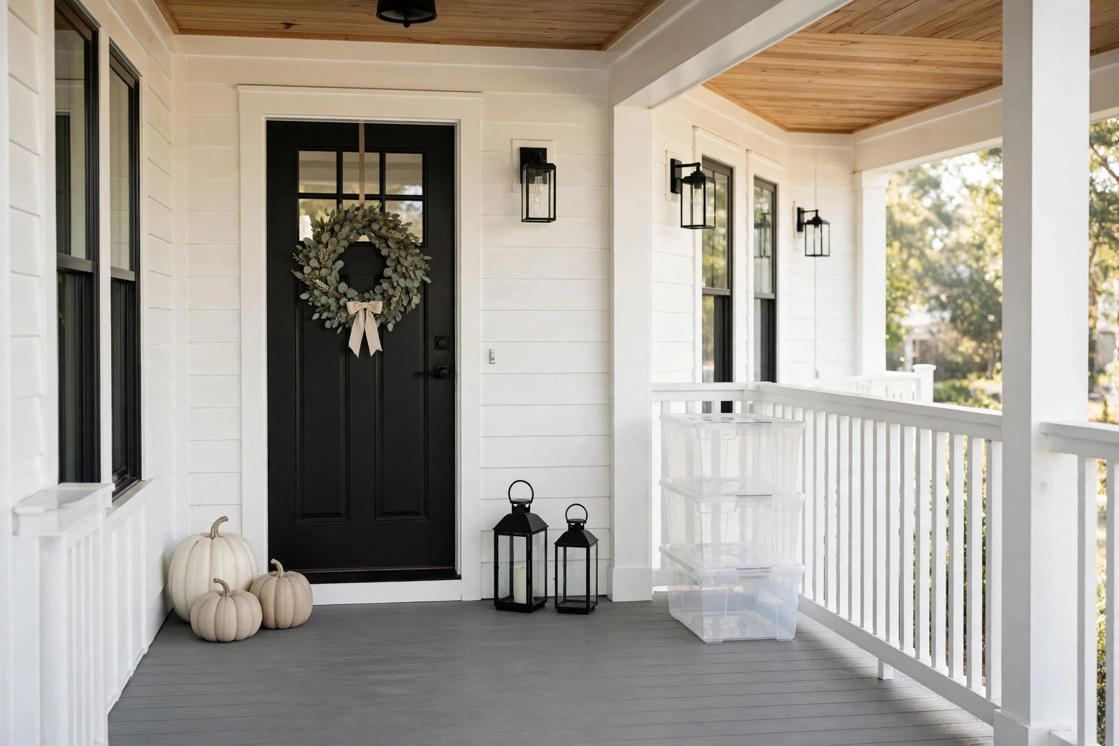Tidy porch with faux pumpkins remaining and labeled storage bins at the side