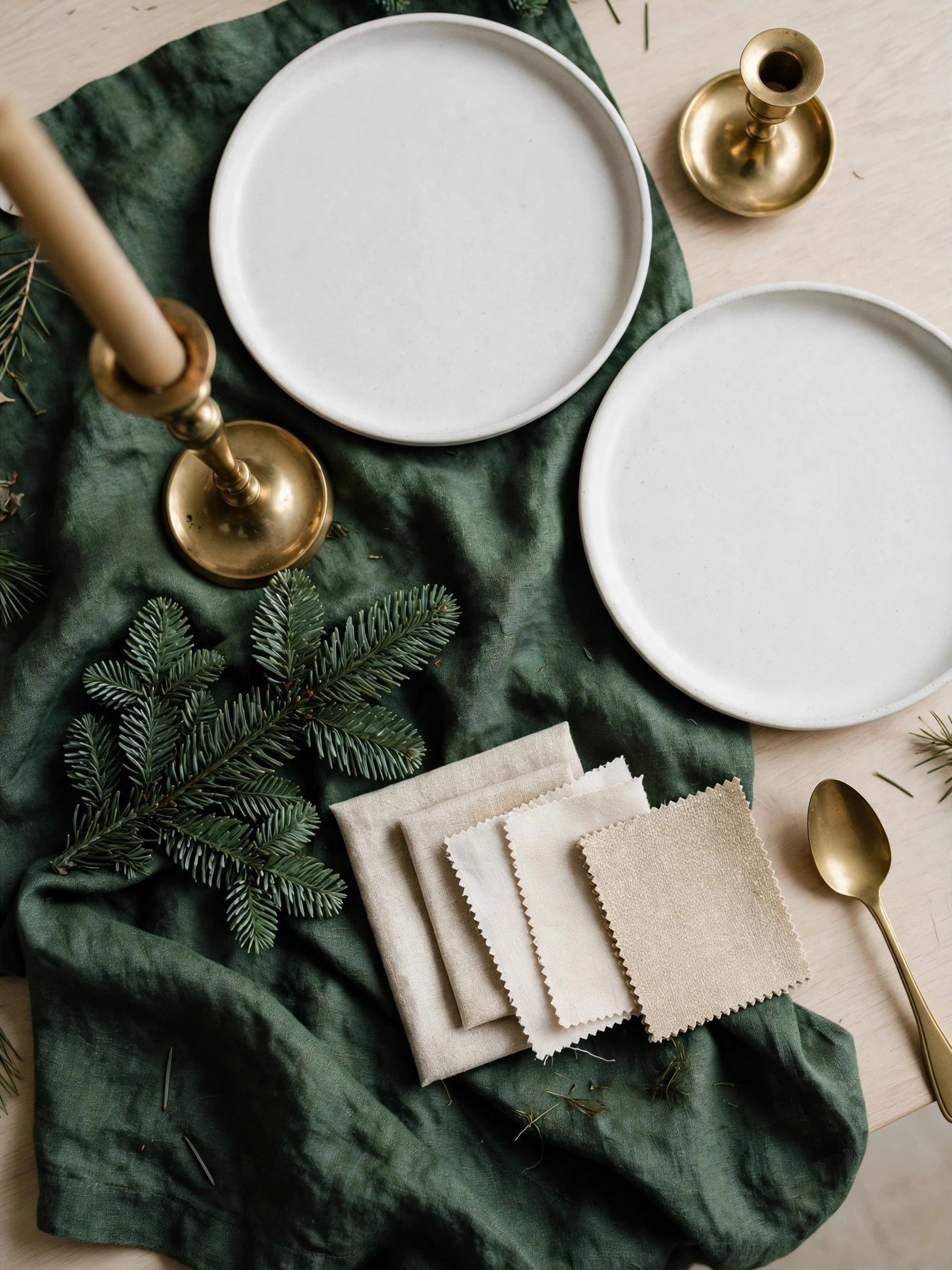 Flat lay of deep green linen, white plates, and brass candlesticks forming a three-color Christmas table palette