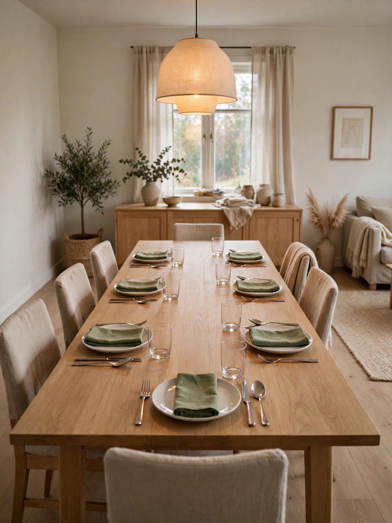 Dining table with six evenly spaced Christmas place settings, each with 24 inches of space