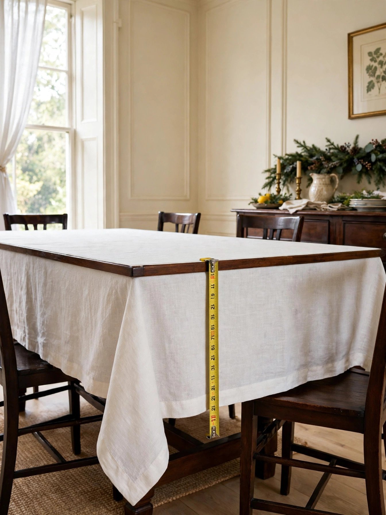 White tablecloth hanging an even 11 inches below the edge of a Christmas dining table