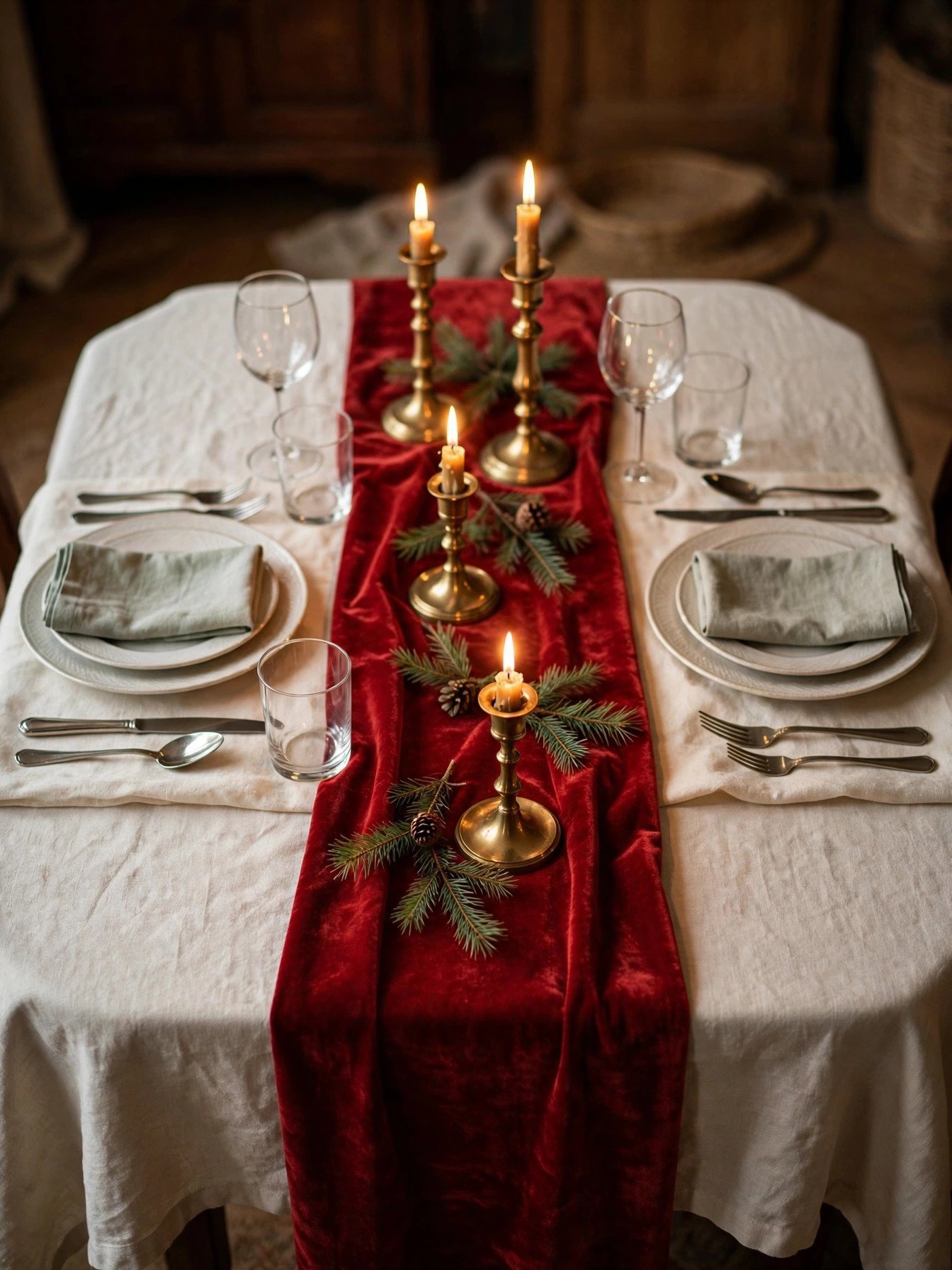 Red velvet runner centered over a cream tablecloth leaving place settings fully on the base cloth