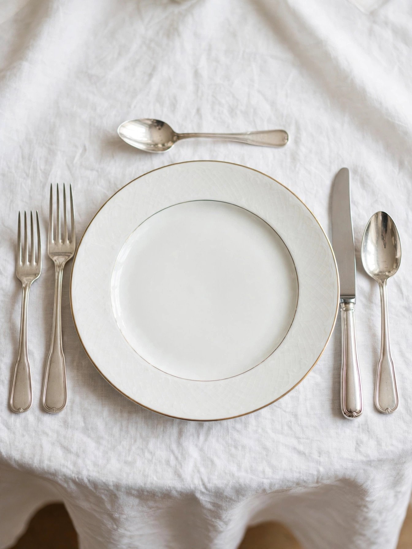 Place setting with forks on the left, knife and spoon on the right, and dessert spoon above the plate