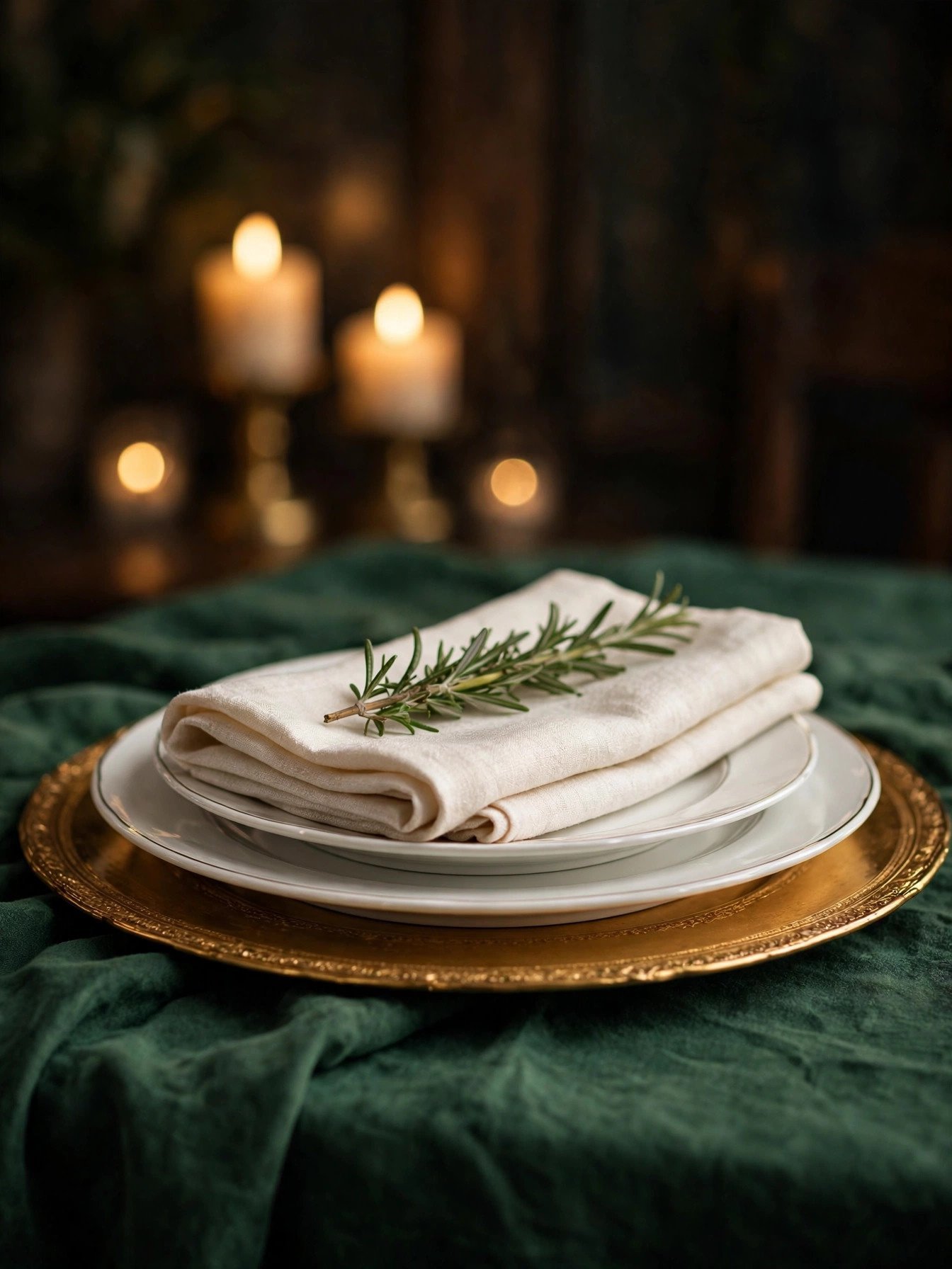 Stacked charger, dinner plate, and salad plate on a green Christmas tablecloth