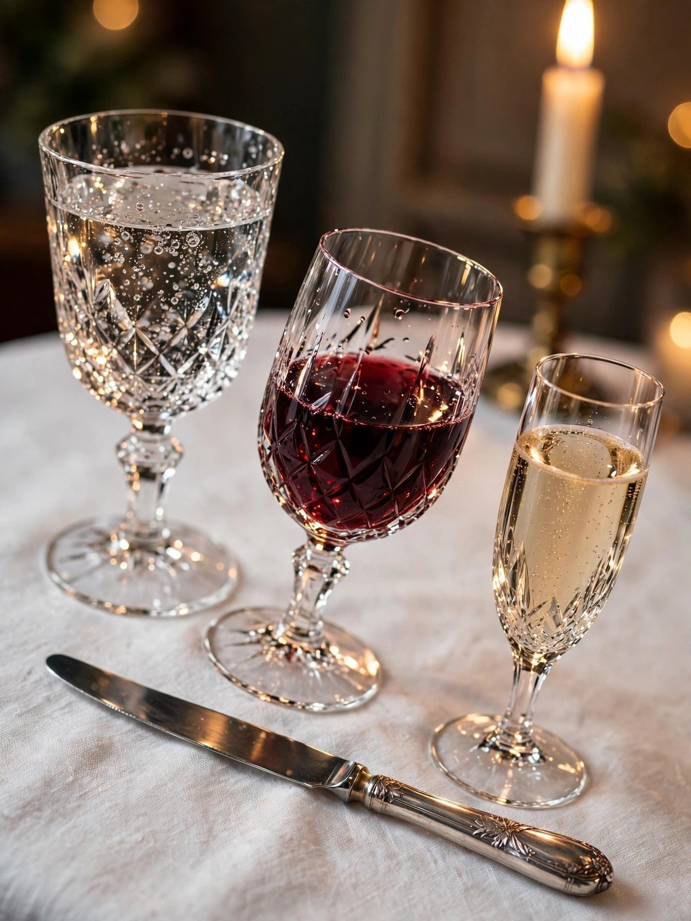 Water goblet, wine glass, and champagne flute aligned diagonally above a dinner knife