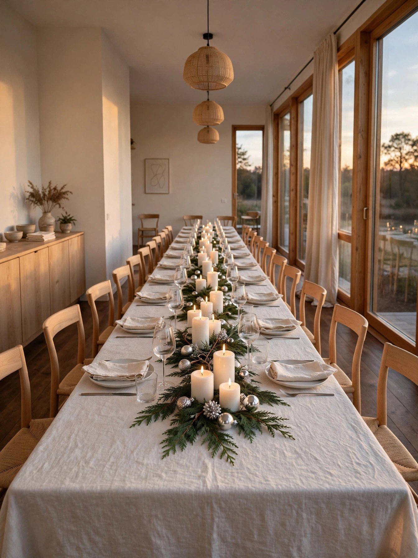 Low Christmas centerpiece under 12 inches tall keeping sightlines open across a long dining table