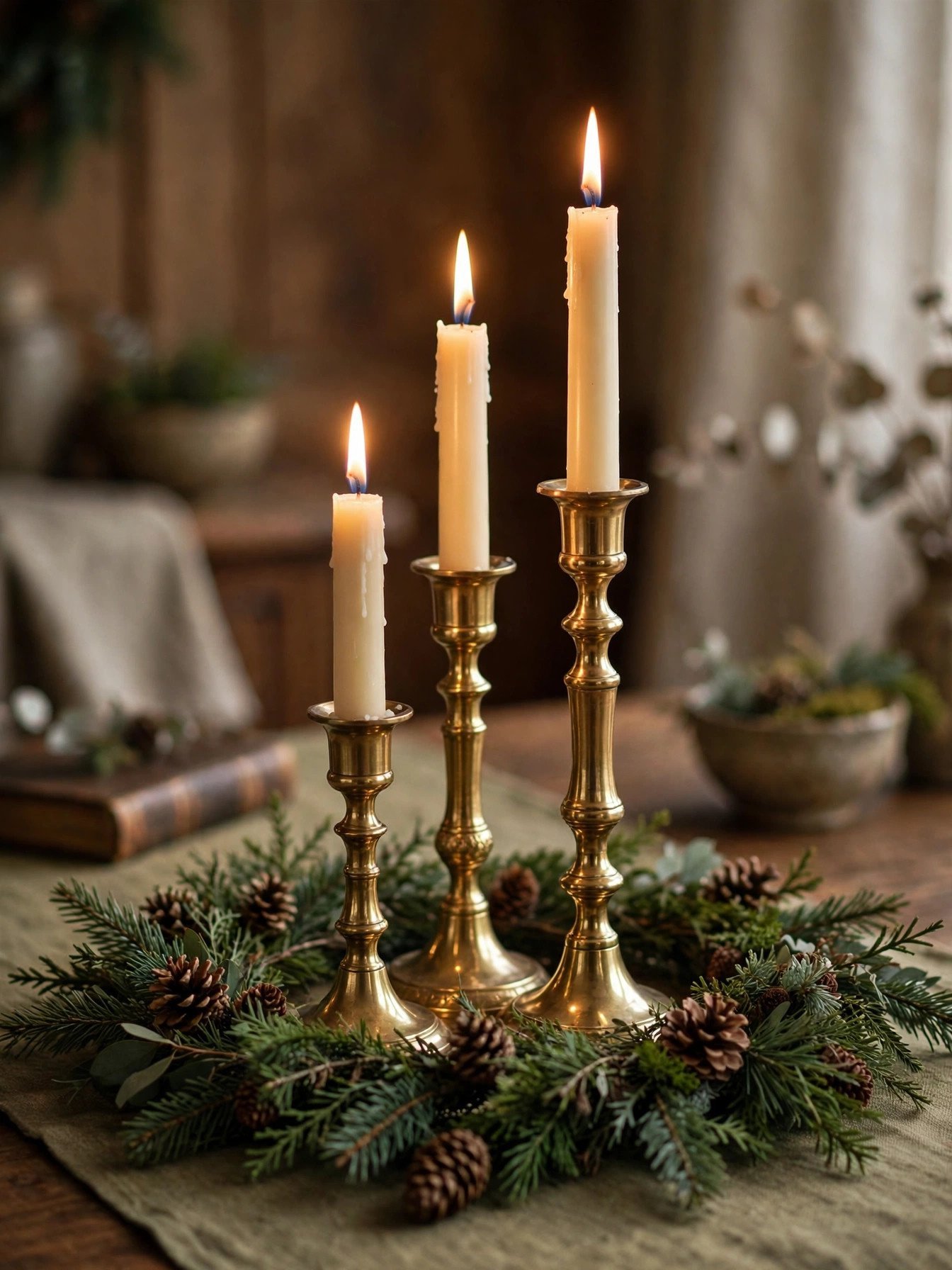 Three brass candlesticks in staggered heights holding ivory tapers on a Christmas table