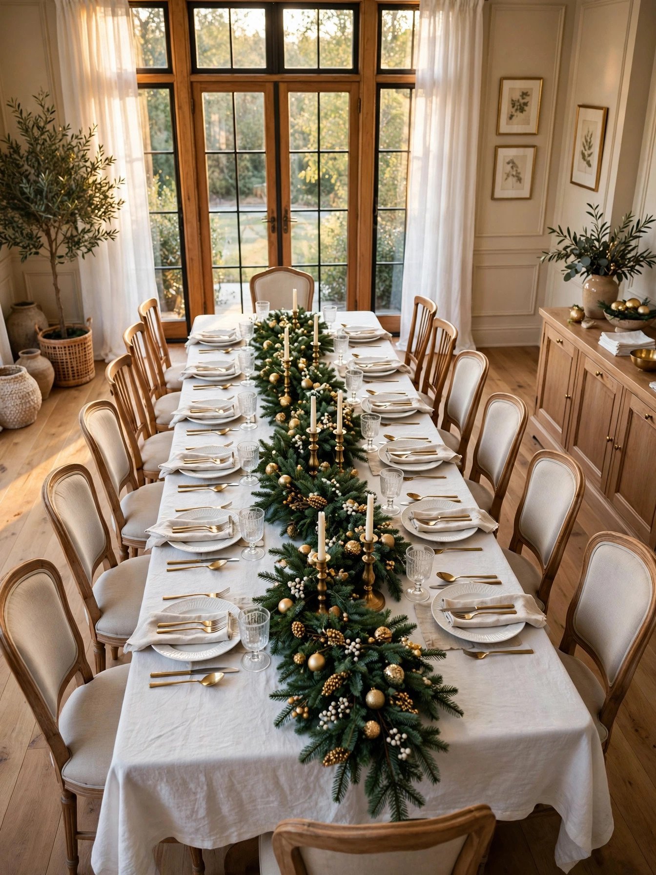 Noble fir garland running down the center of a set Christmas dining table
