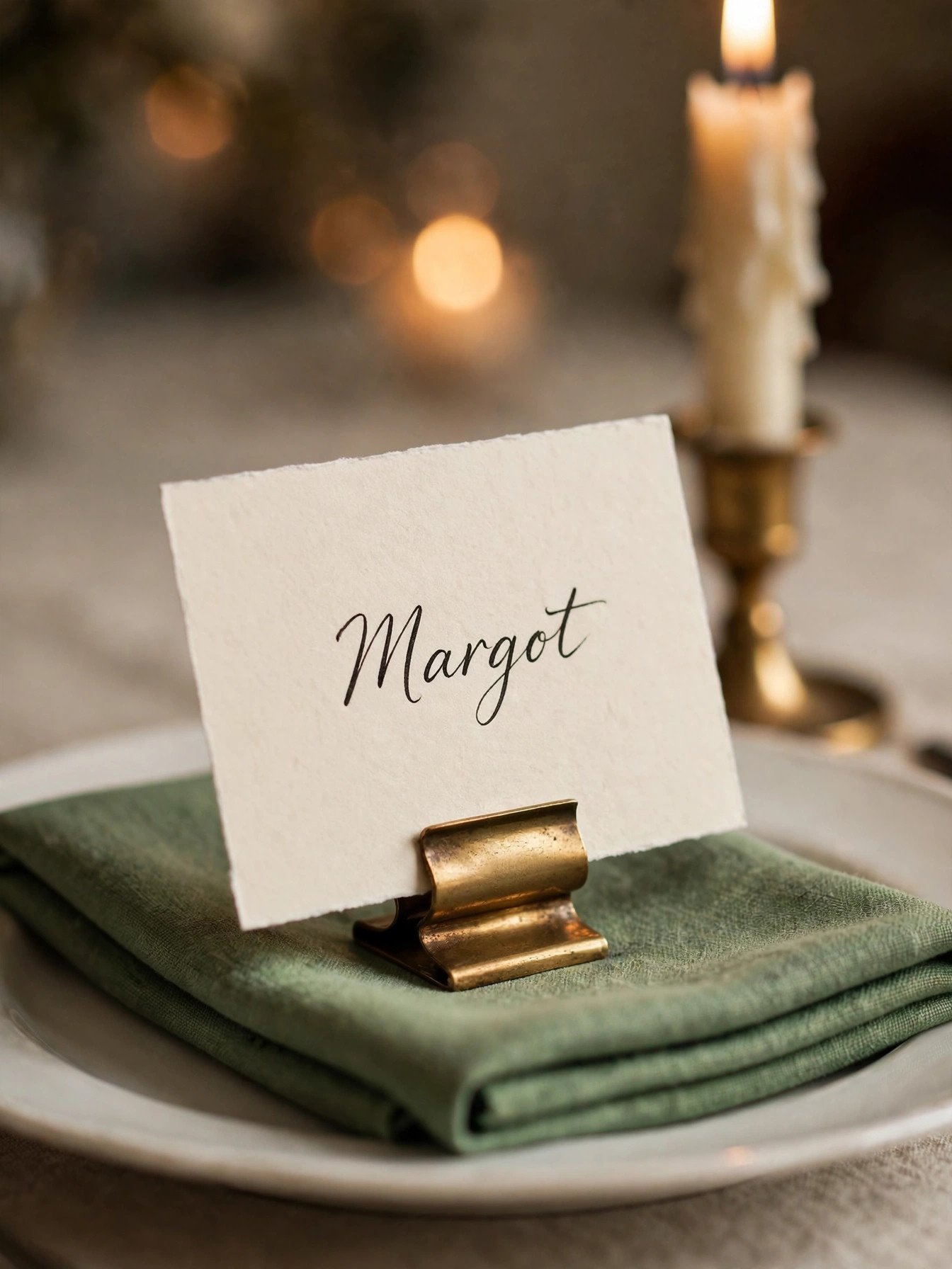 Handwritten place card in a brass holder on a green napkin at a Christmas place setting