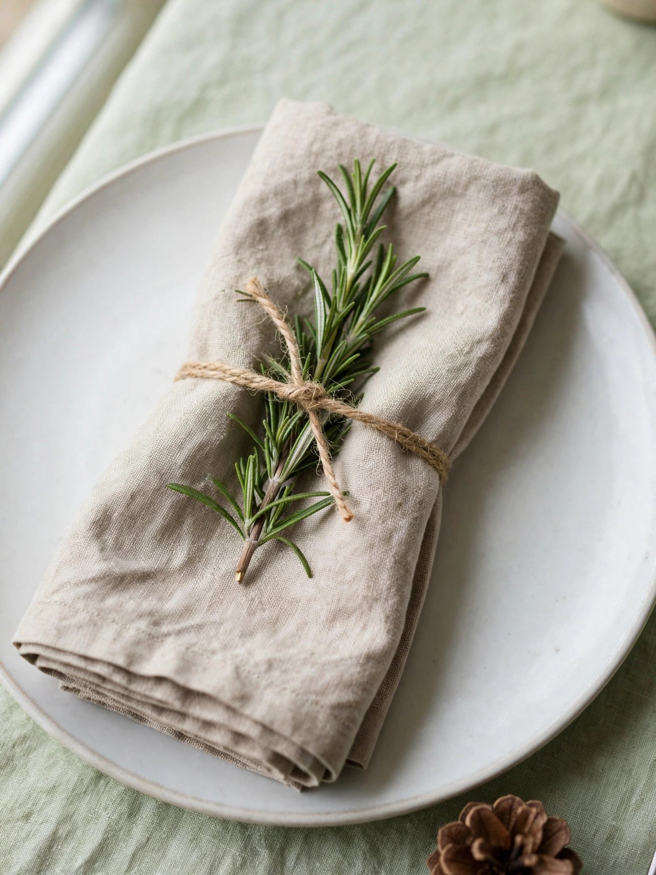 Linen napkin tied with a rosemary sprig and jute twine on a Christmas dinner plate
