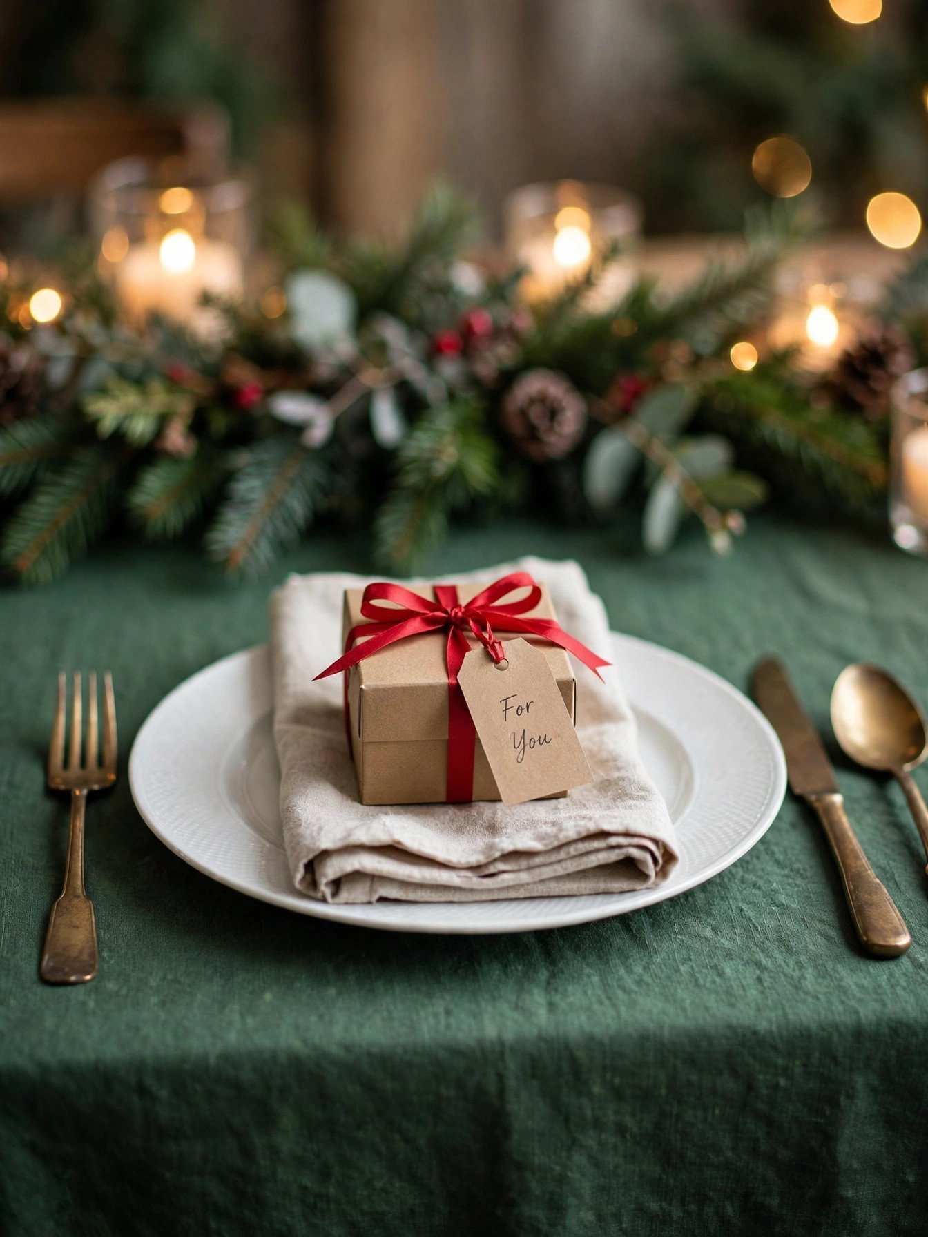 Small kraft favor box with red ribbon placed on a napkin at a Christmas table setting