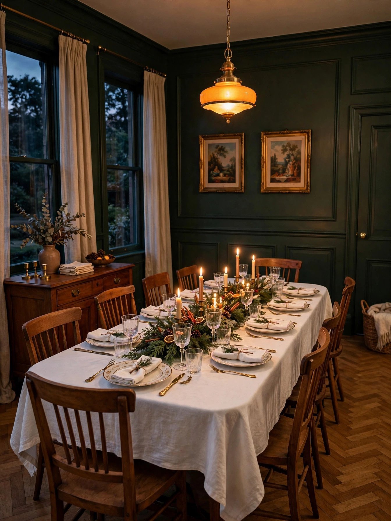 Dining room lit with warm 2700K light over a set Christmas table at dusk