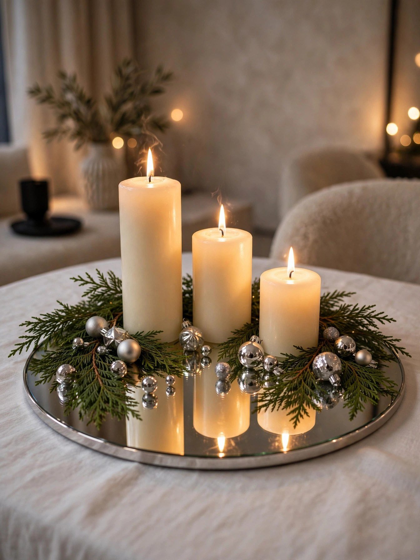 Mirrored tray holding ivory candles and silver ornaments on a Christmas dining table