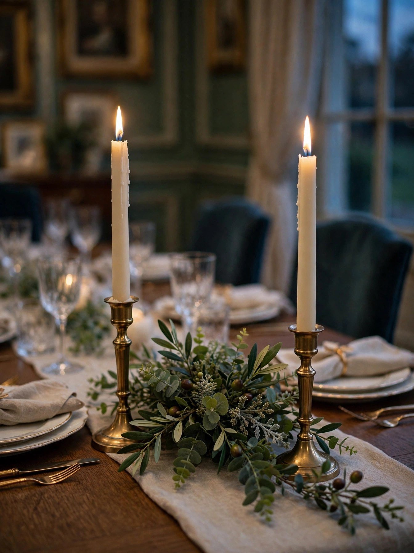 Unscented ivory taper candles in brass holders flanking a greenery arrangement