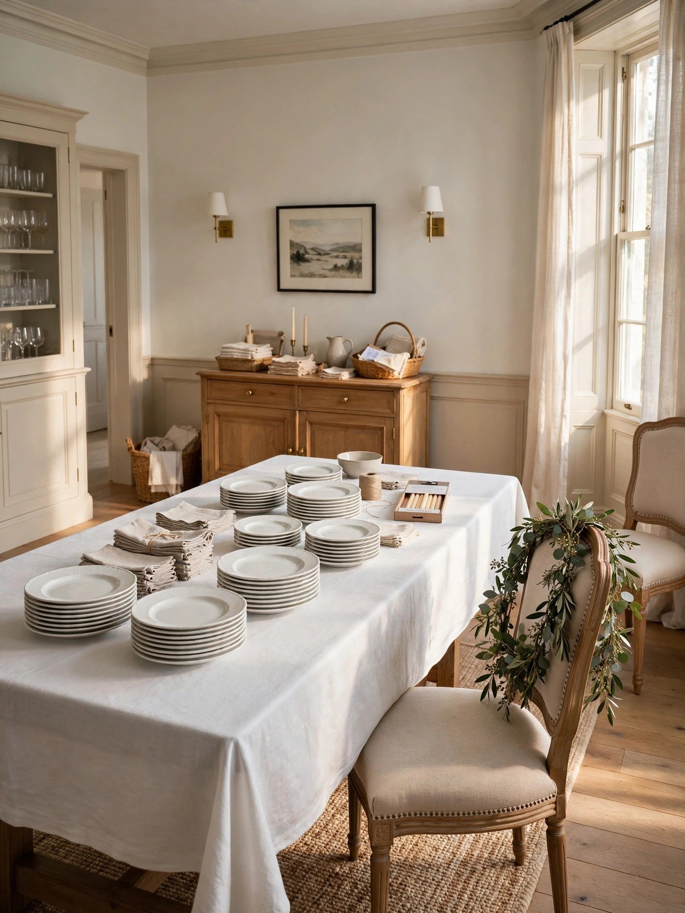 Dining room prepped the day before Christmas dinner with pressed linens and stacked dinnerware
