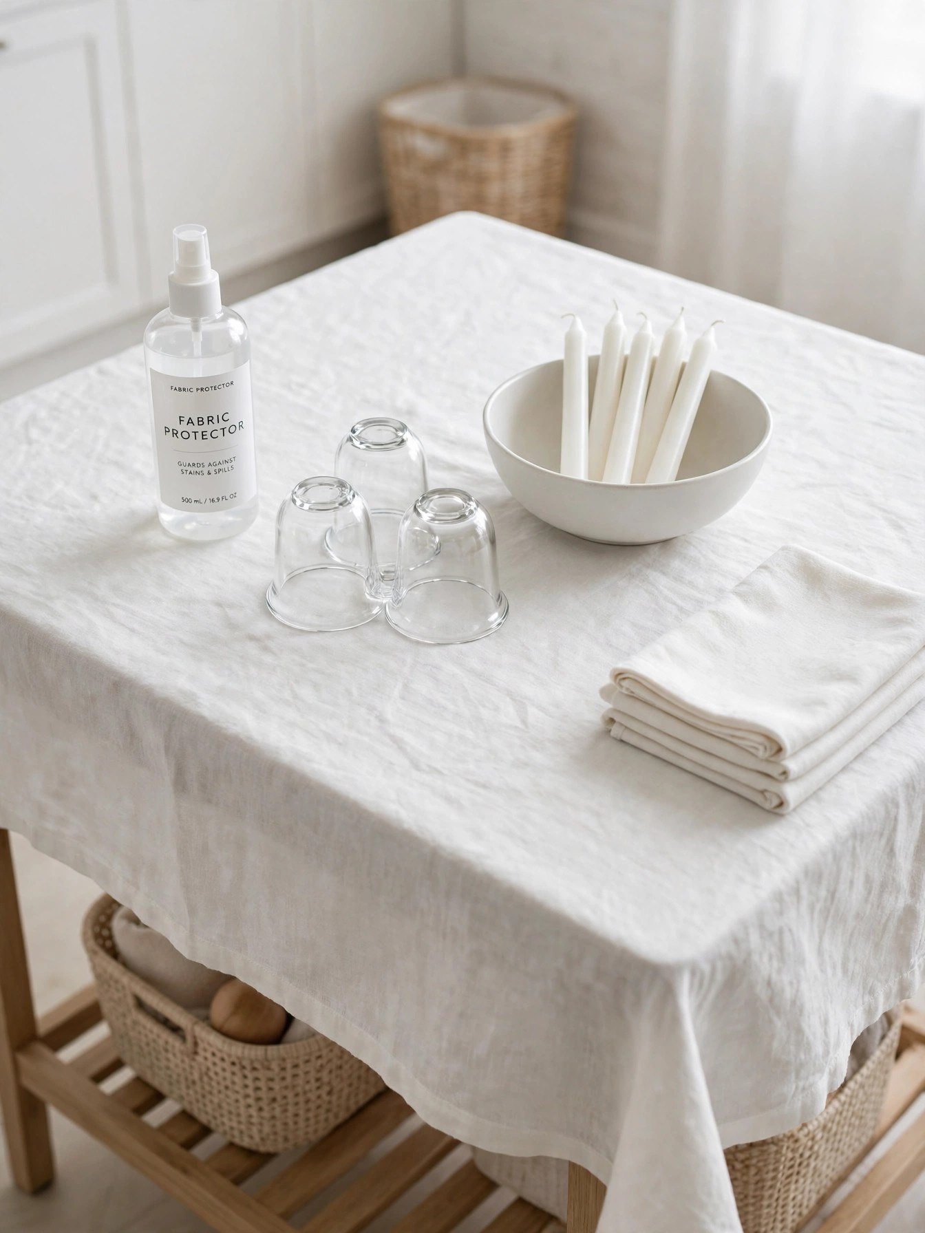 White tablecloth with fabric protector spray and glass drip guards beside taper candles