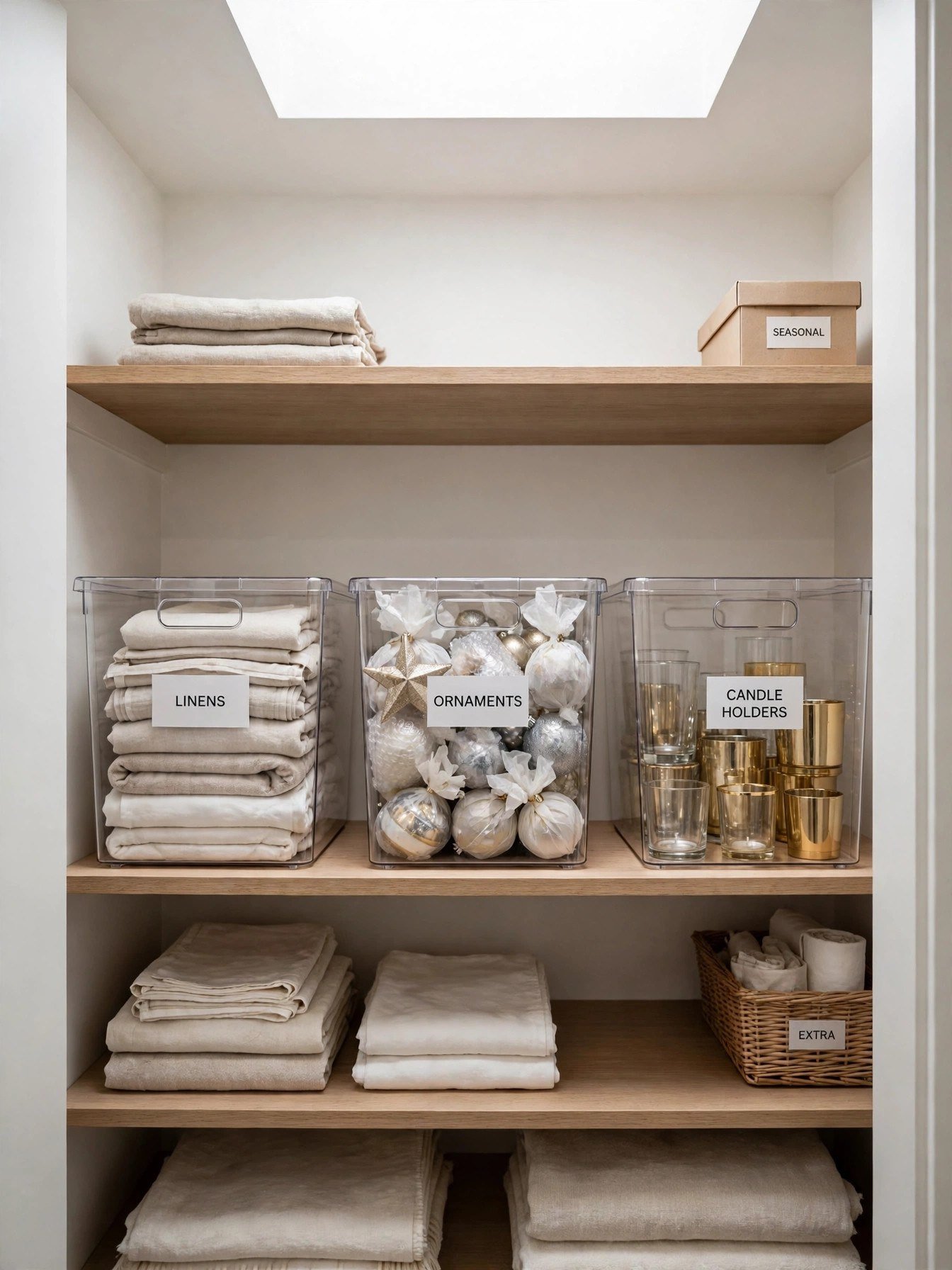 Clear labeled storage bins holding Christmas table linens, ornaments, and candle holders