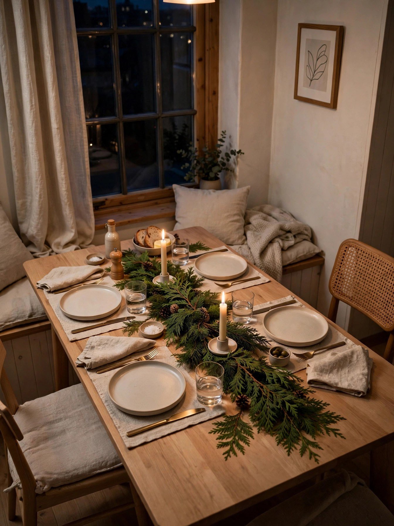 Small apartment dining table set for four with a low cedar centerpiece and taper candles
