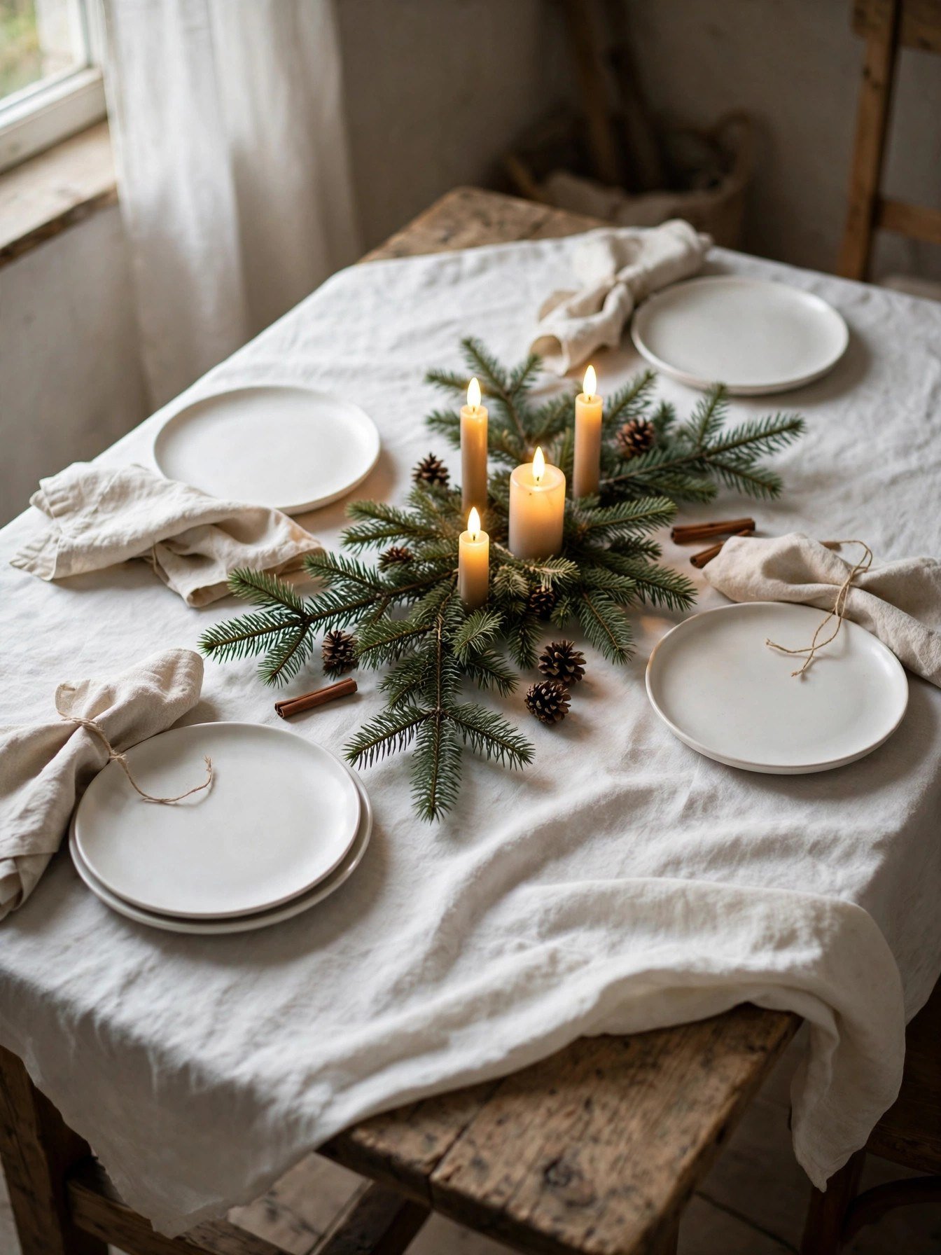 Budget Christmas table with a white sheet as a cloth, fir branches, and LED taper candles