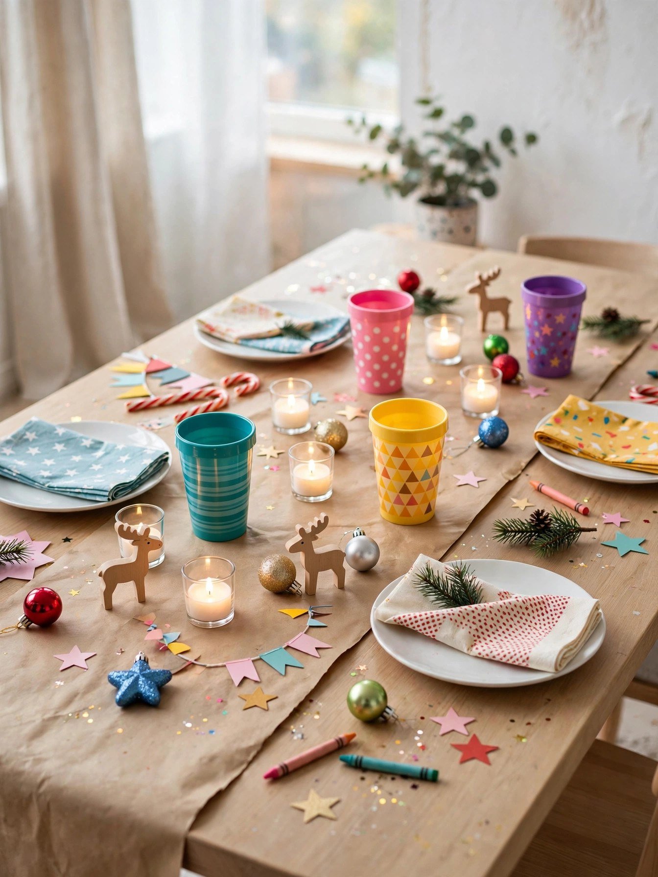 Kids' Christmas table with kraft paper runner, tumblers, and LED votive candles