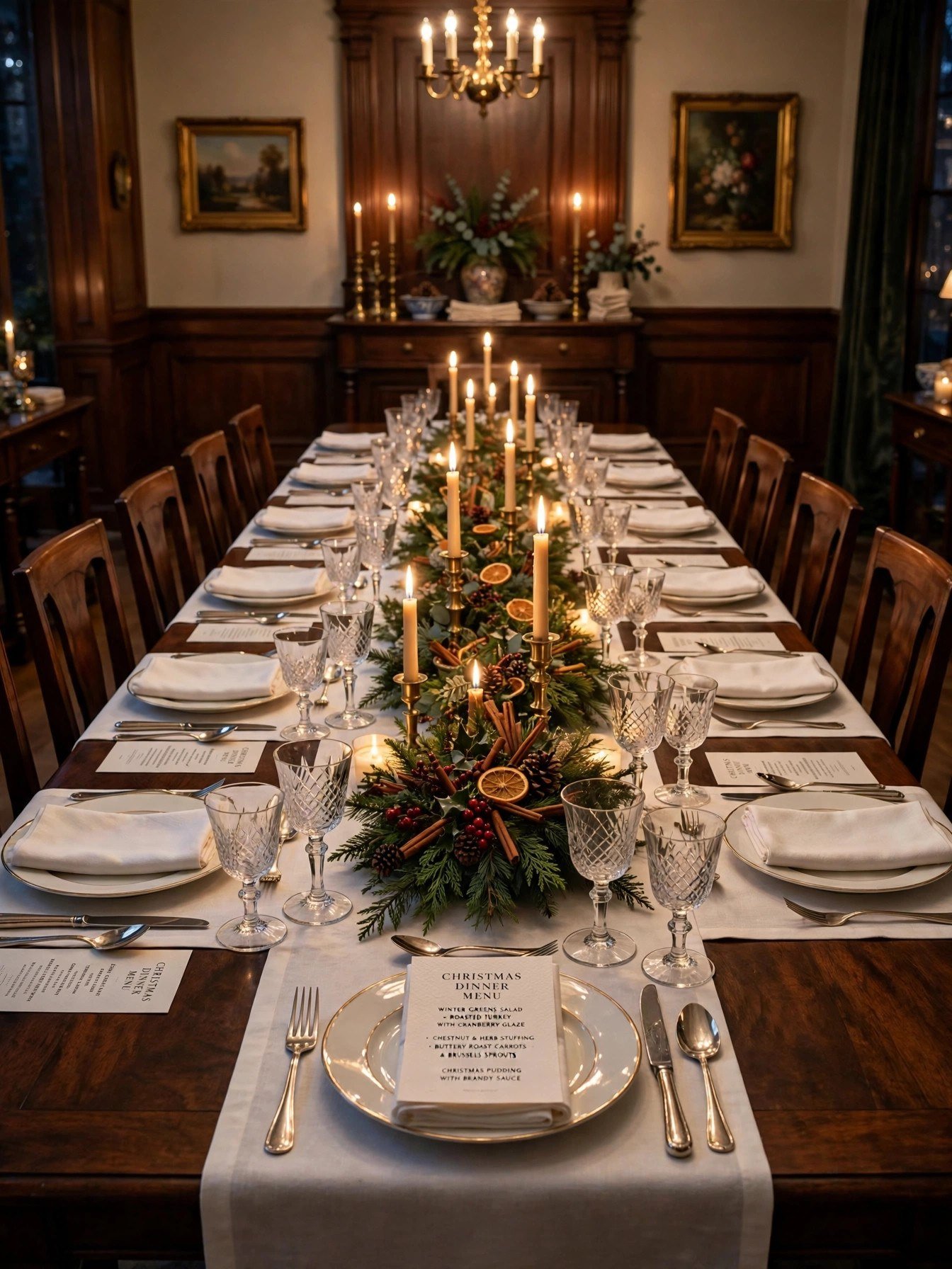 Long formal Christmas dinner table set for ten with matched centerpieces and printed menu cards