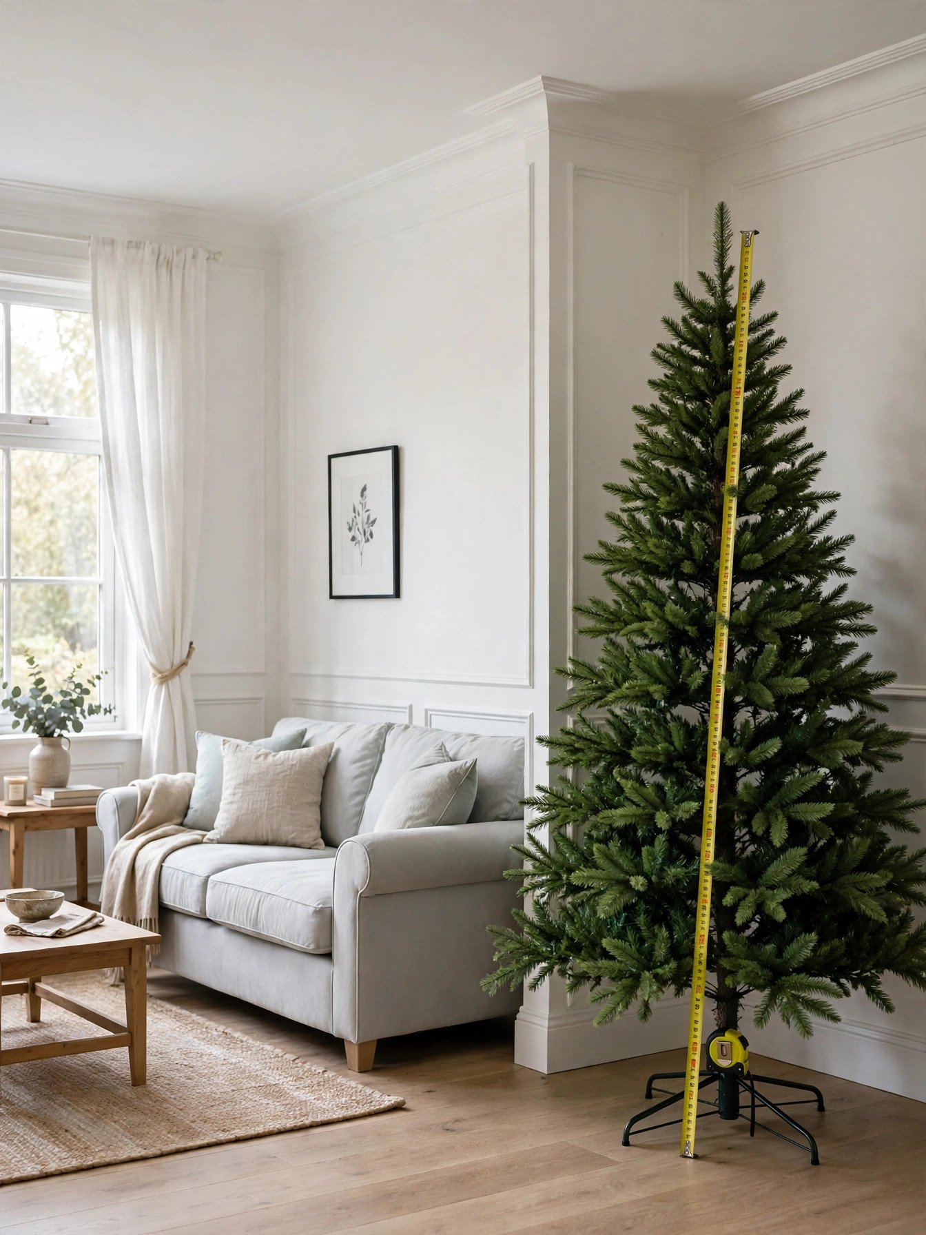 Seven-and-a-half-foot Christmas tree measured against ceiling height with tape measure in a living room
