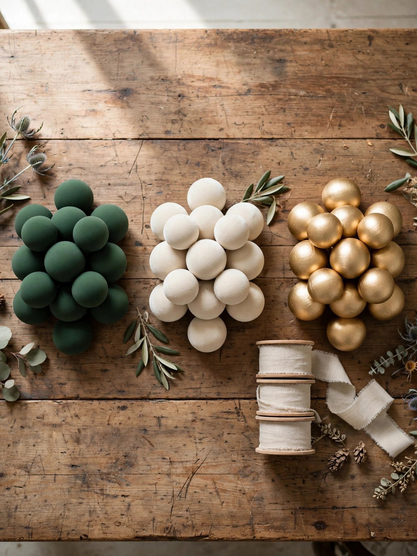 Christmas ornaments sorted by color on a table before decorating