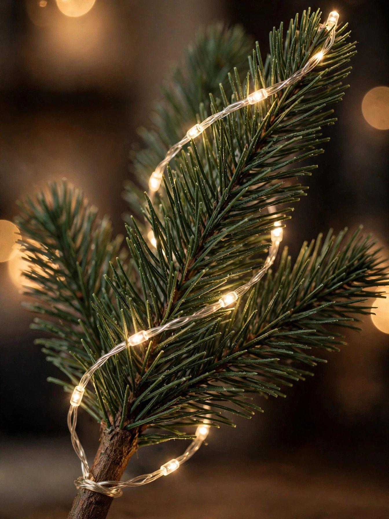 Close-up of Christmas lights woven along a single tree branch