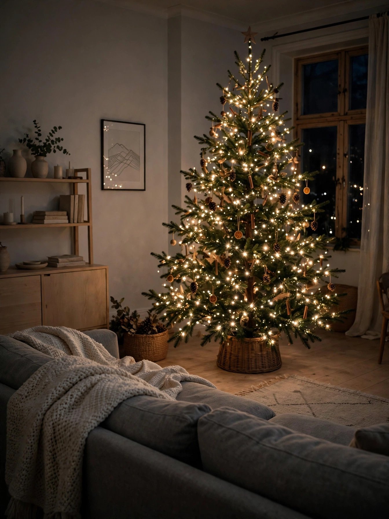 Christmas tree with warm white steady lights and twinkling accent lights in a dark living room