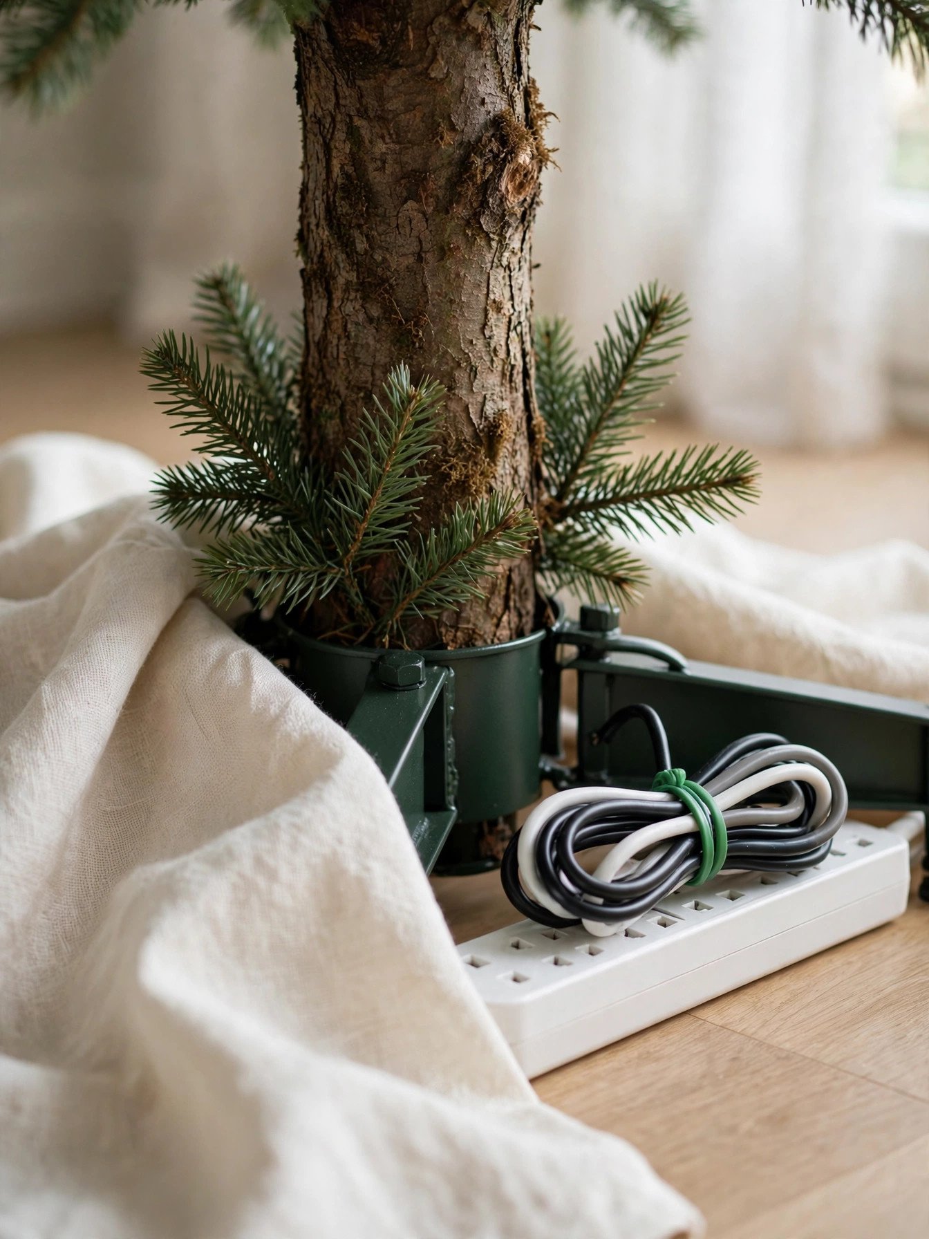 Christmas light plugs and power strip hidden at the base of a tree trunk