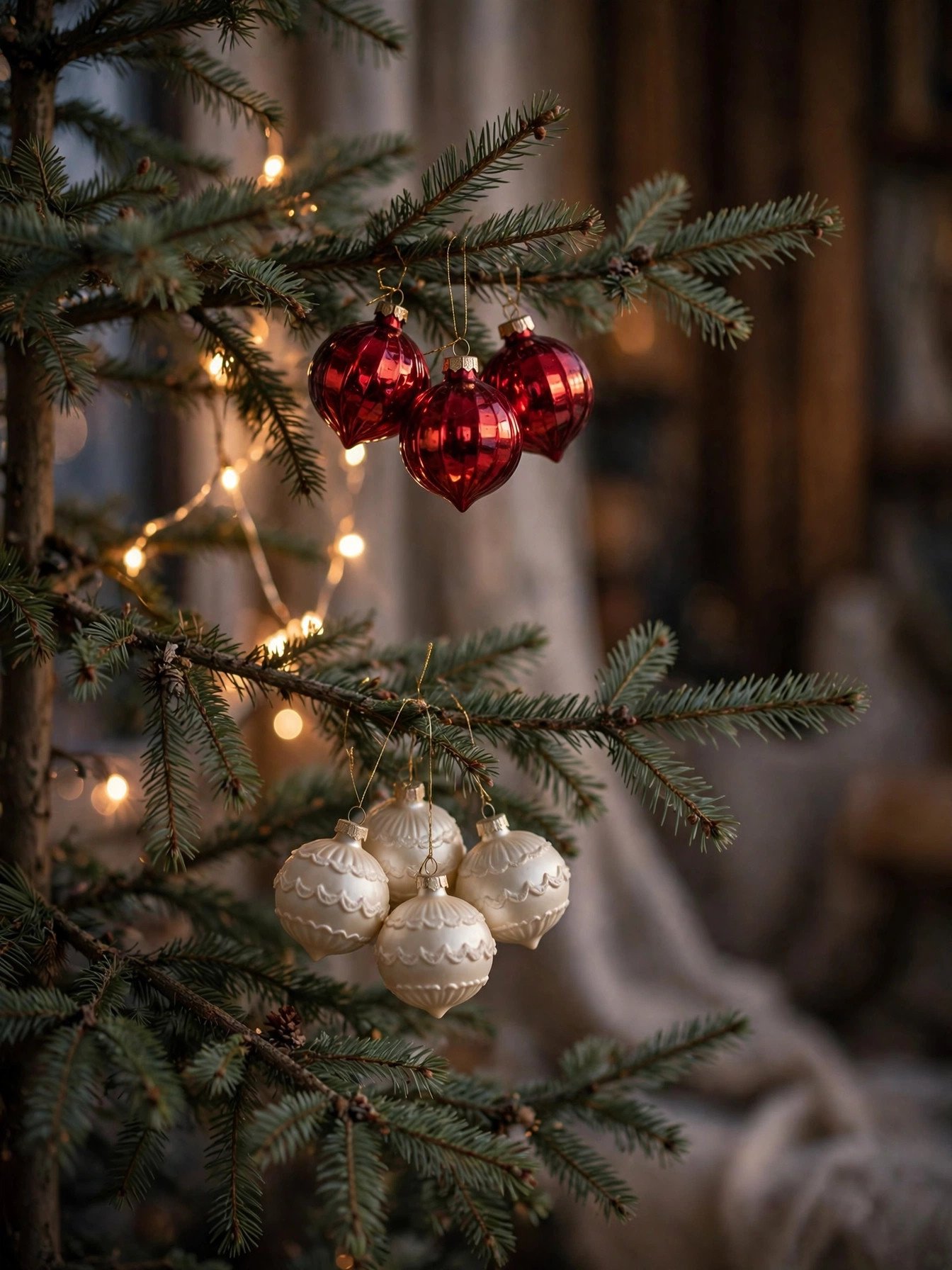 Christmas ornaments grouped in clusters of three and five on a tree