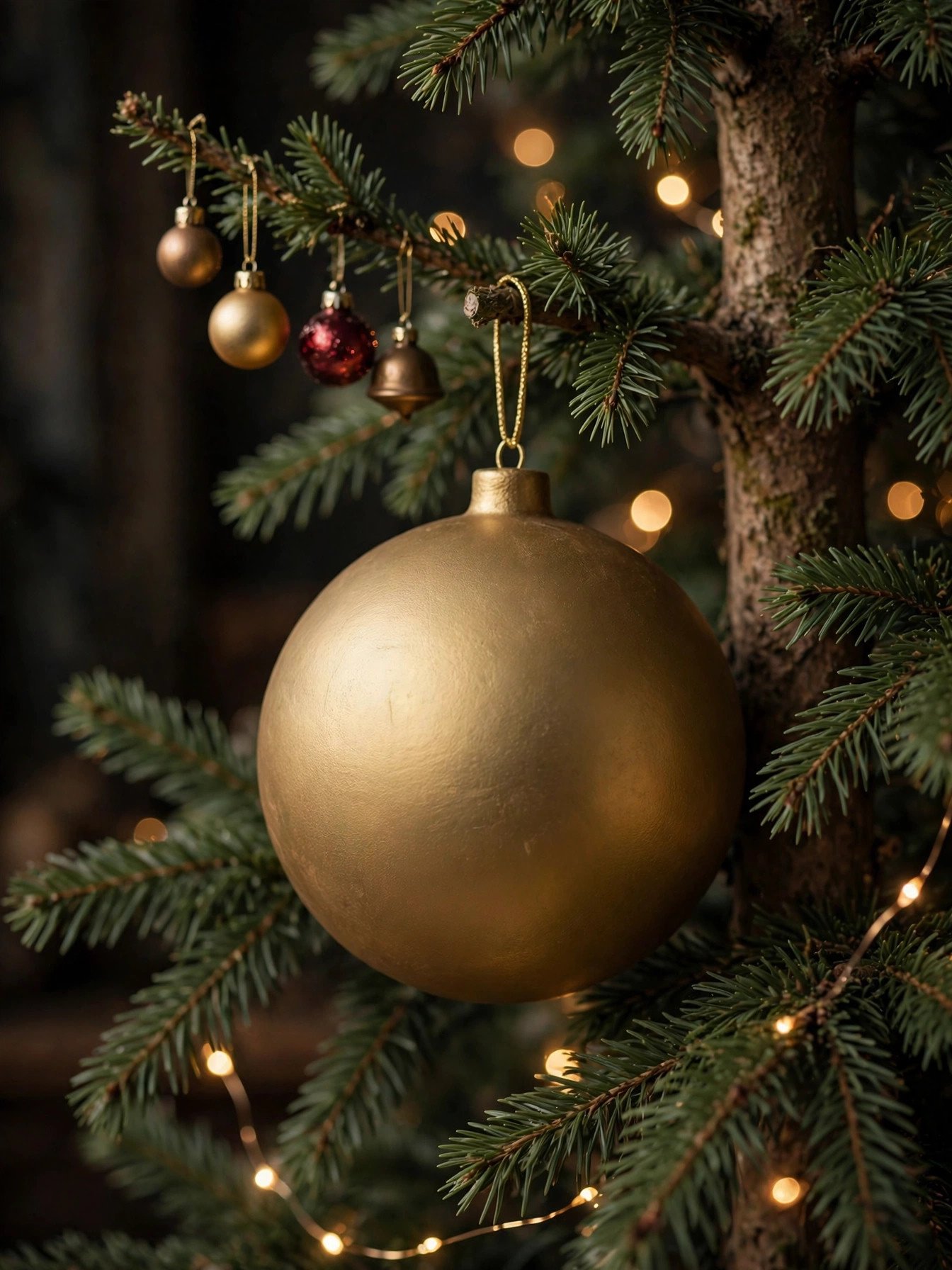 Large gold ornament hung deep inside a Christmas tree close to the trunk