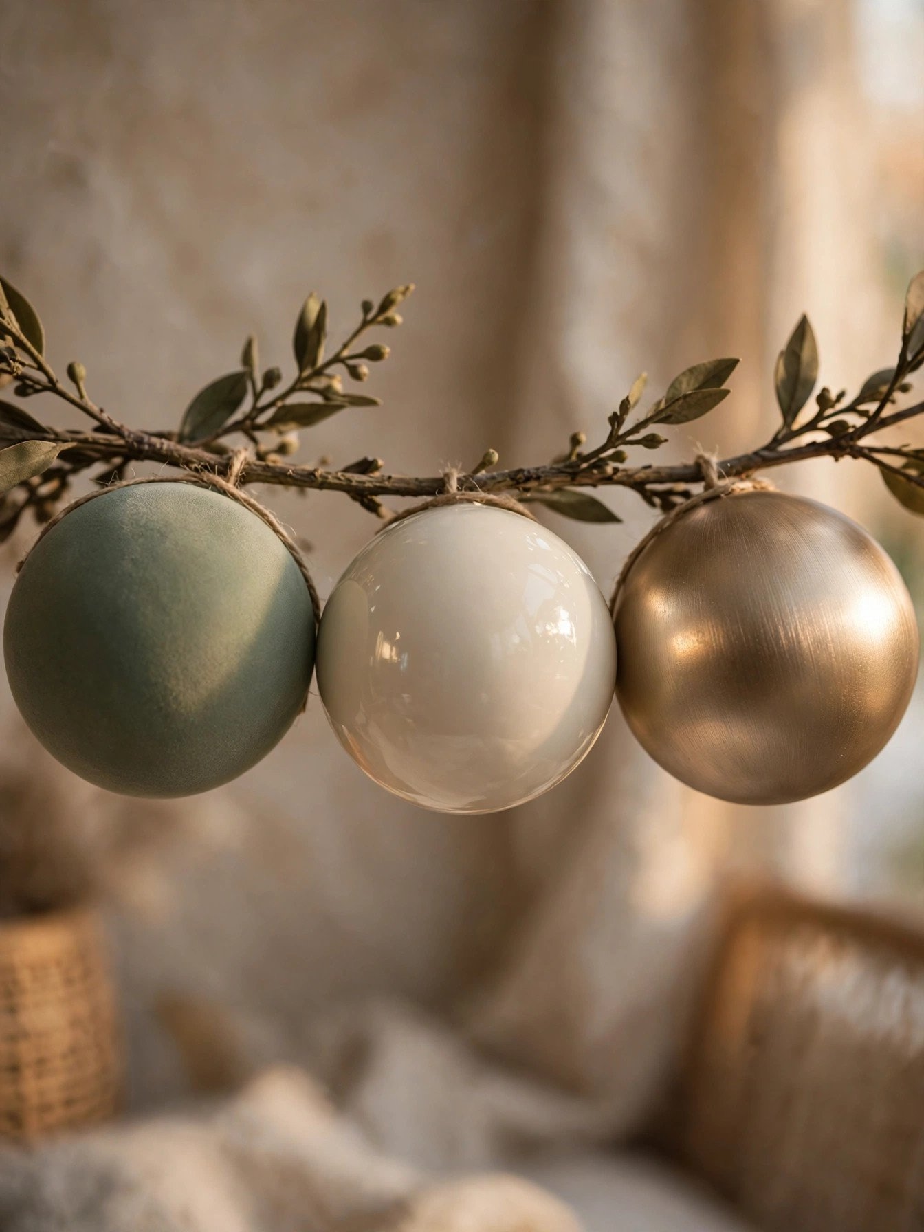 Matte, glossy, and metallic Christmas ornaments layered together on a branch