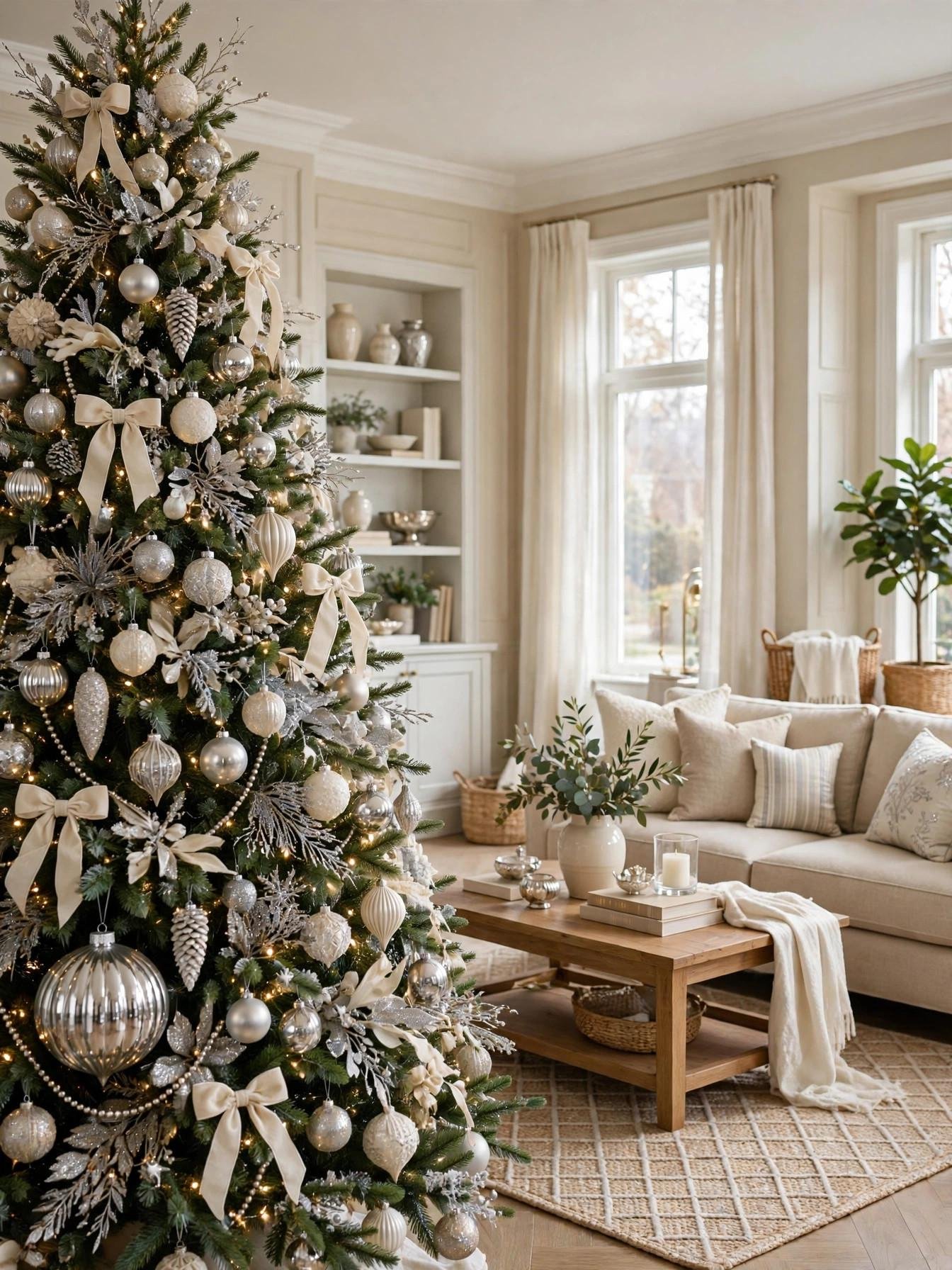 Oversized silver ornament filling a gap on a decorated Christmas tree